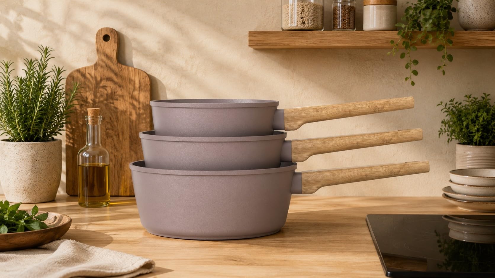 Arthur Martin - 3er-Set Kasserollen 16-18-20 cm - Geschmiedetes Aluminium Antihaft-Keramikbeschichtung - Bakelit-Griffe in Holzoptik - Alle Herdarten einschließlich Induktion - Farbe Braun