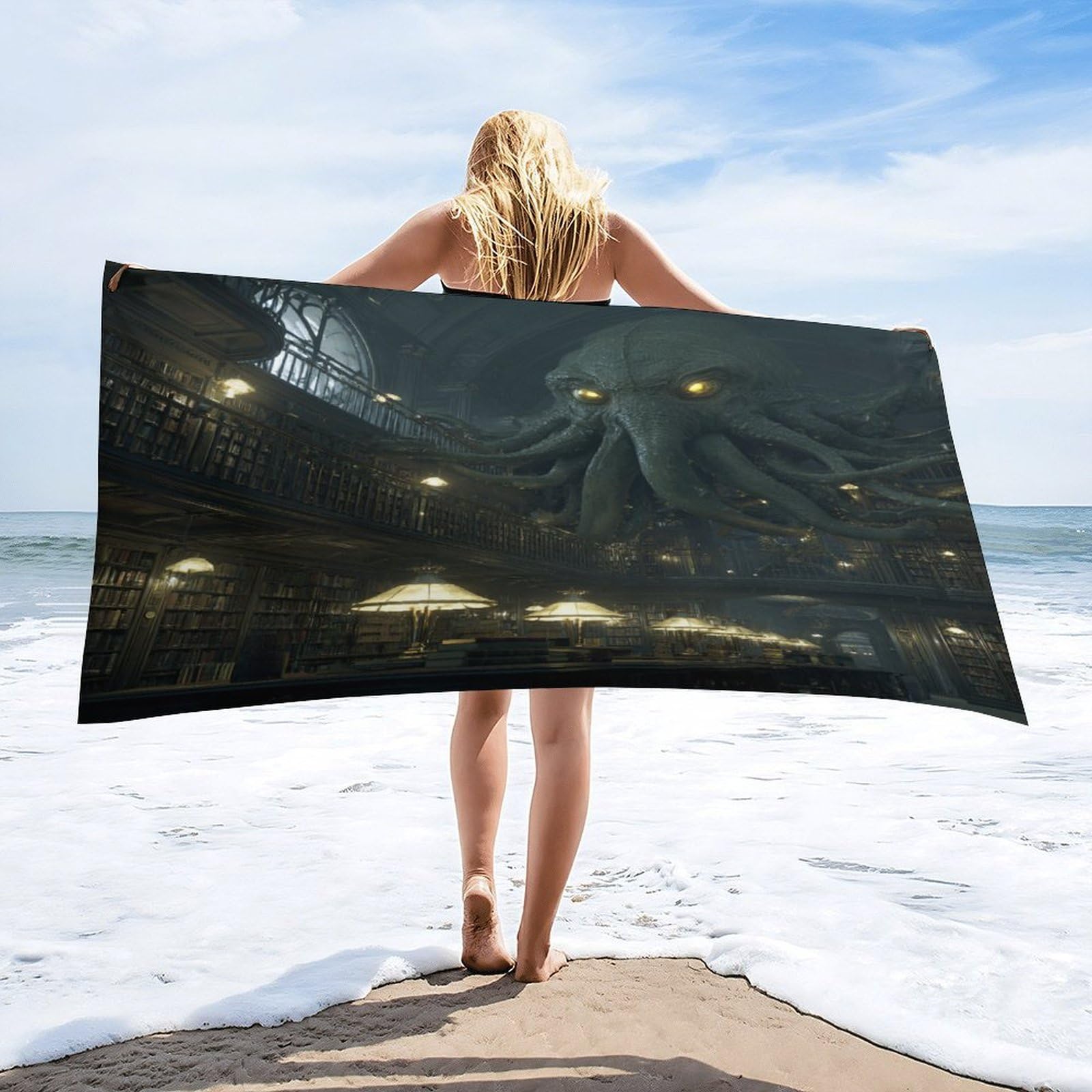 Luyysky Vintage Abstract Sea Octopus Absorbent Beach Towel, Retro Classic Animal Octopus Library Bookshelves Outdoor Single-Sided Velvet Beach Towel-80 W Cm X 160" L Cm