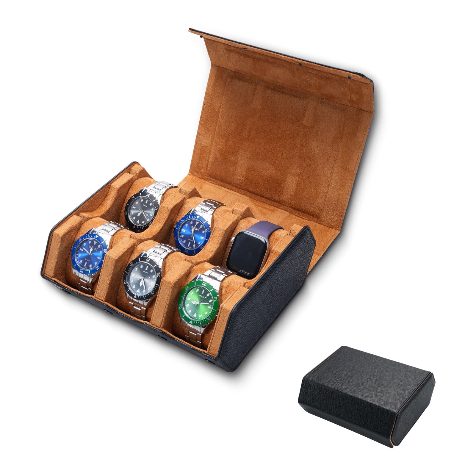 YANHHAN Watch Case for Men - 6-Watch Roll Travel Case & Watch Display,Luxury Watch Box-Leather Watch Roll Storage Organizer (black/brown)