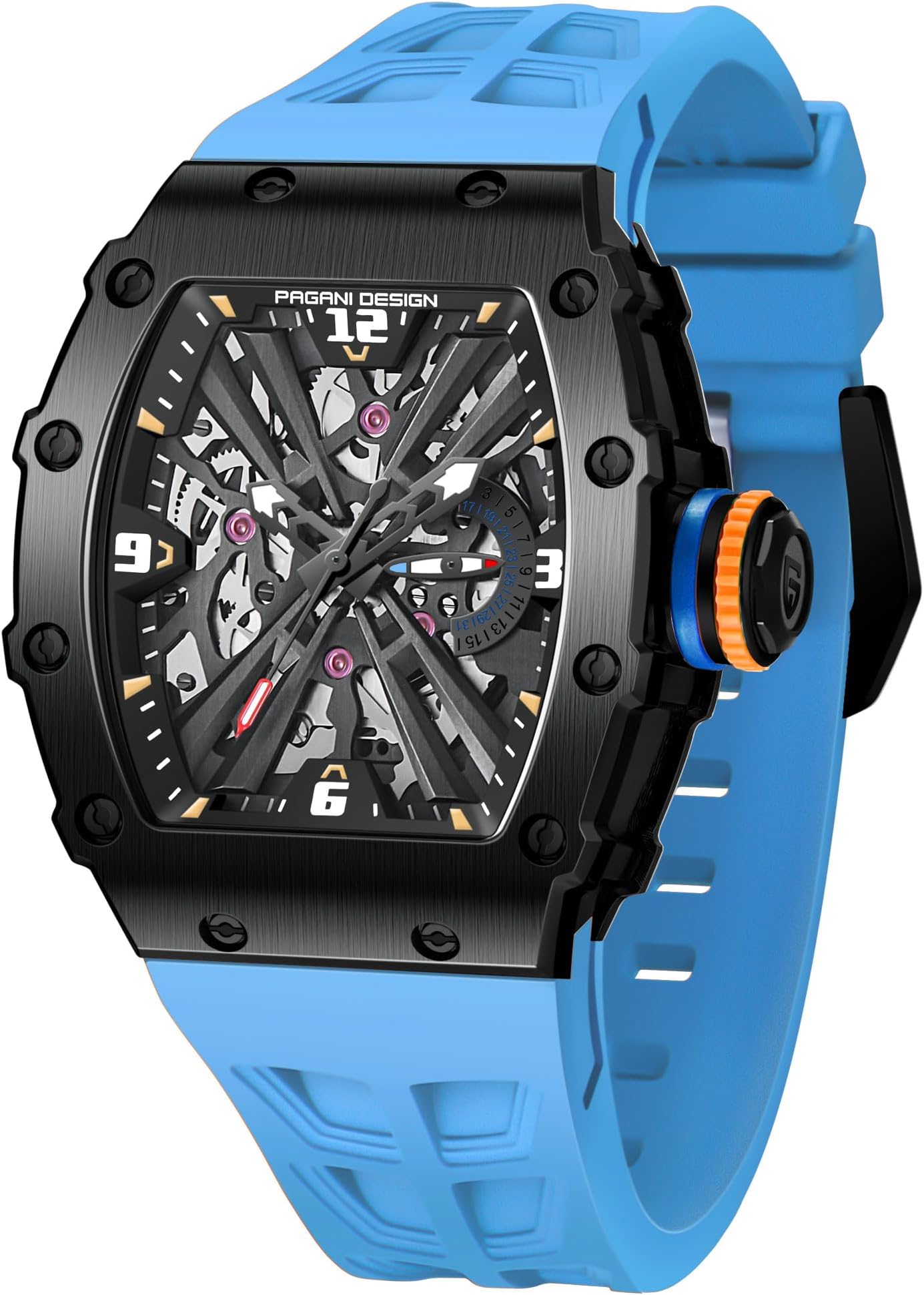 Pagani Design 1738 Men's Fashion Watch Japan VH65 Quartz Movement Stainless Steel Skeleton Tonneau Dial Rubber Strap Waterproof Luminous Sports WristWatches (Blue-Black)