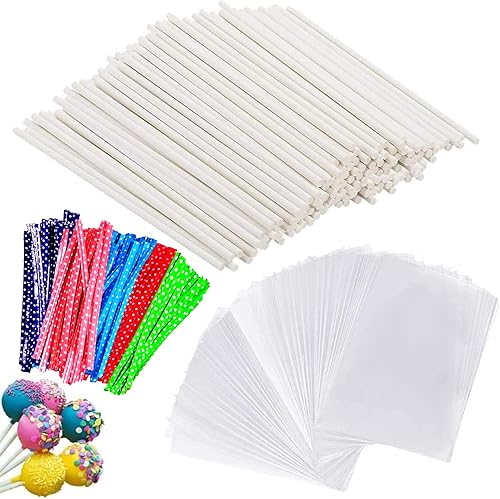 FUATOR 300 Pcs Cake Pop Sticks Set, 100Pcs 6 inch Lollipop Sticks, 100Pcs Cake Pop Bags, 100Pcs Colorful Twist Ties, for DIY Lollipops, Cake Pops,