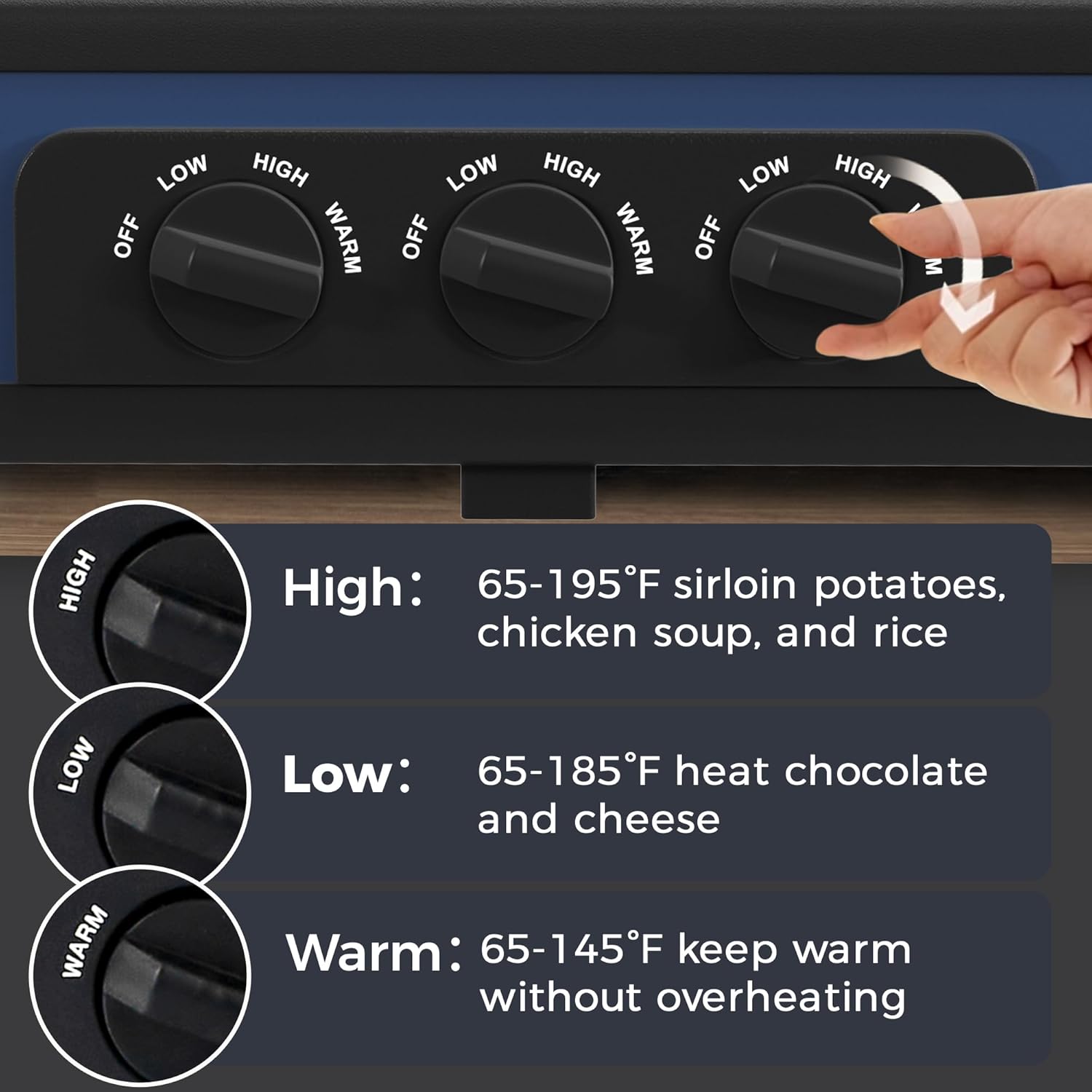 Kiss the Water Triple Slow Cooker Buffet Servers and Warmer,3 Pot Food Small Mini Manual Slow Cooker with Adjustable Temp Stainless Steel Lid Rests,Removable Ceramic Pot, 3 * 1.5 Quarts Blue