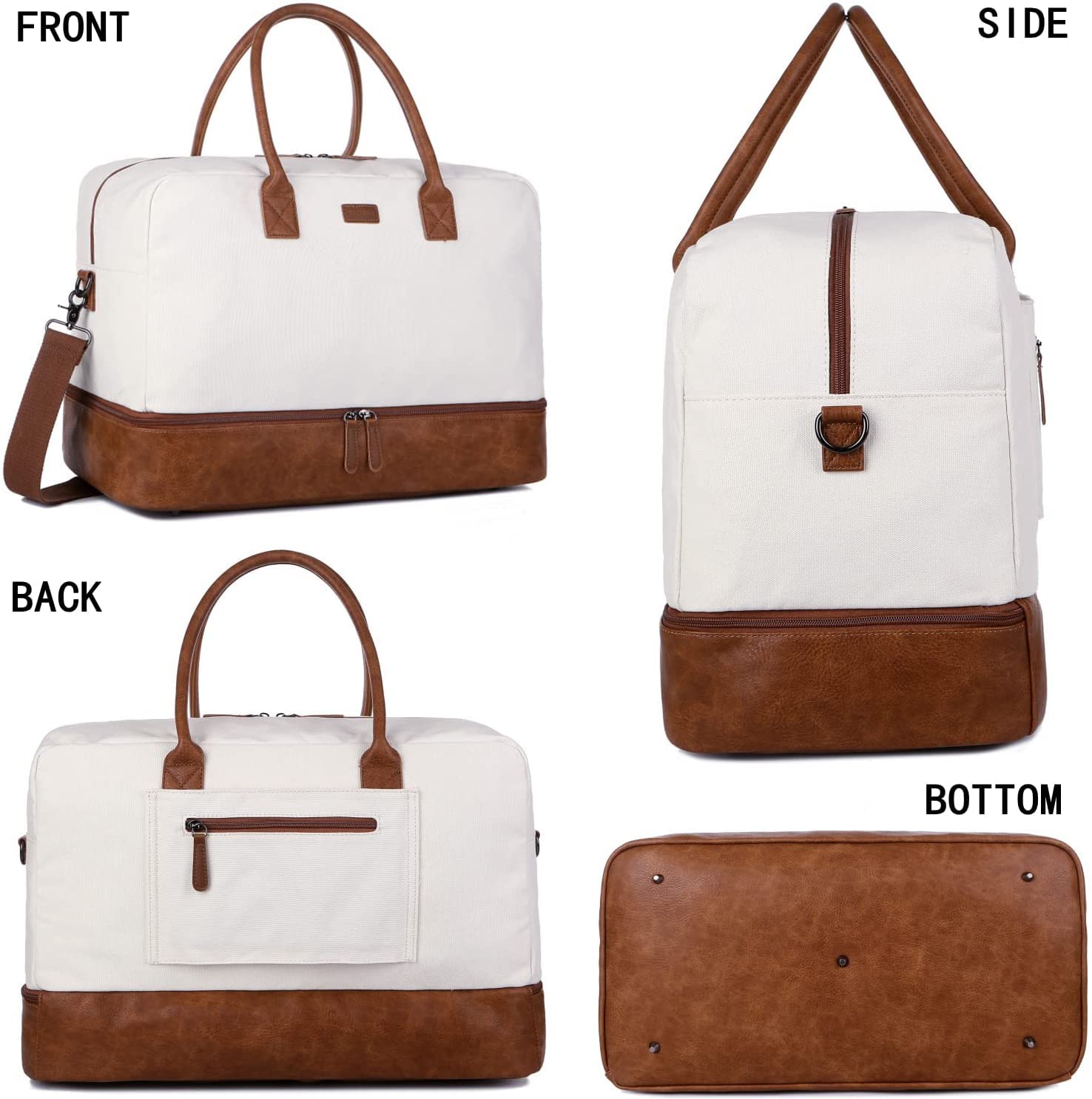 Bolso de mujer para viaje fin de semana, equipaje de mano de lona con compartimento para zapatos y neceser HB-10, blanco/beige, Vintage