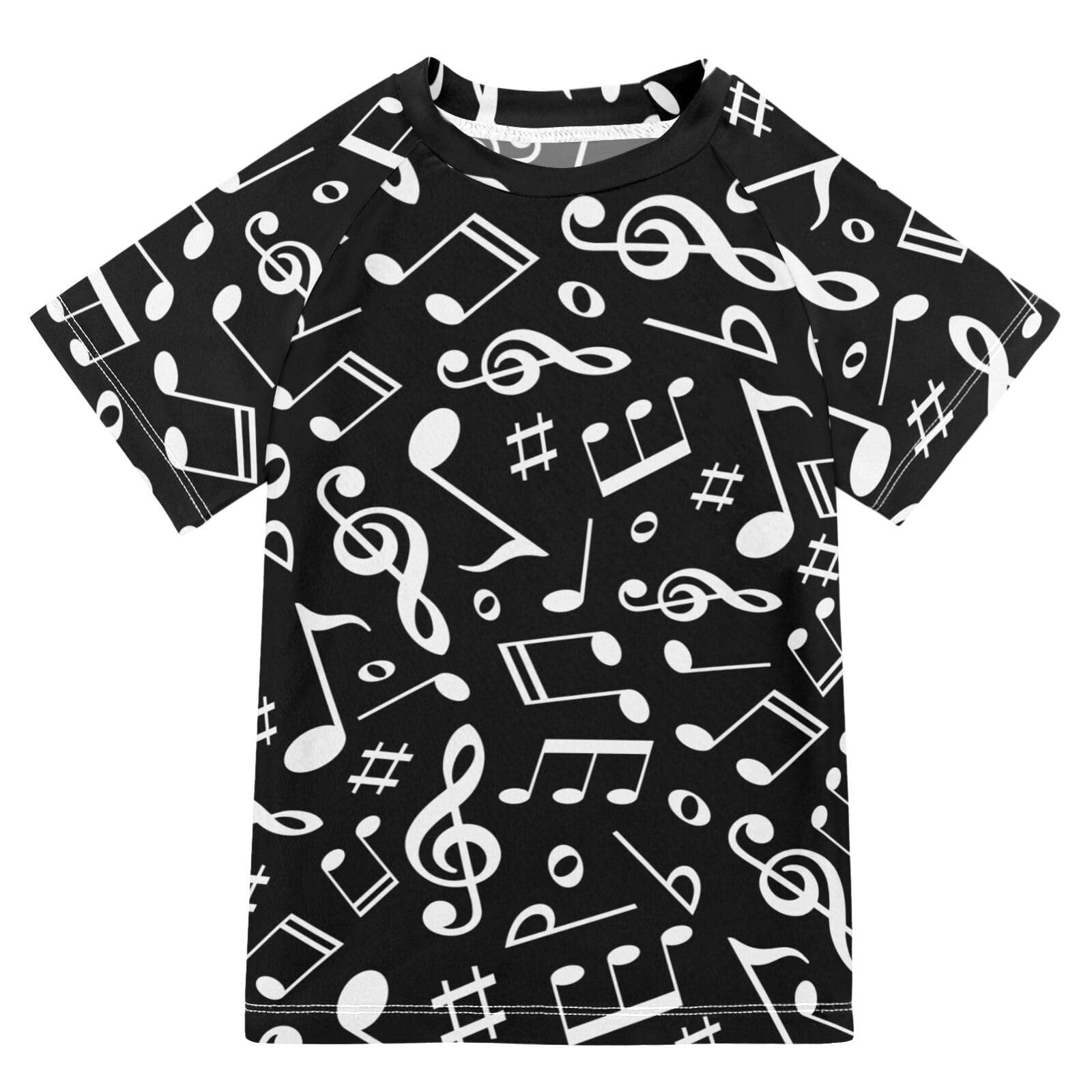 Aflyko Fun Girls' Rash Guard Shirt Black White Music Note Kiddo Fishing Shirt Children Fashion Short Sleeve Swimming Top Soft Comfortable Fit UPF 50+ Everyday Wear, 5-6T