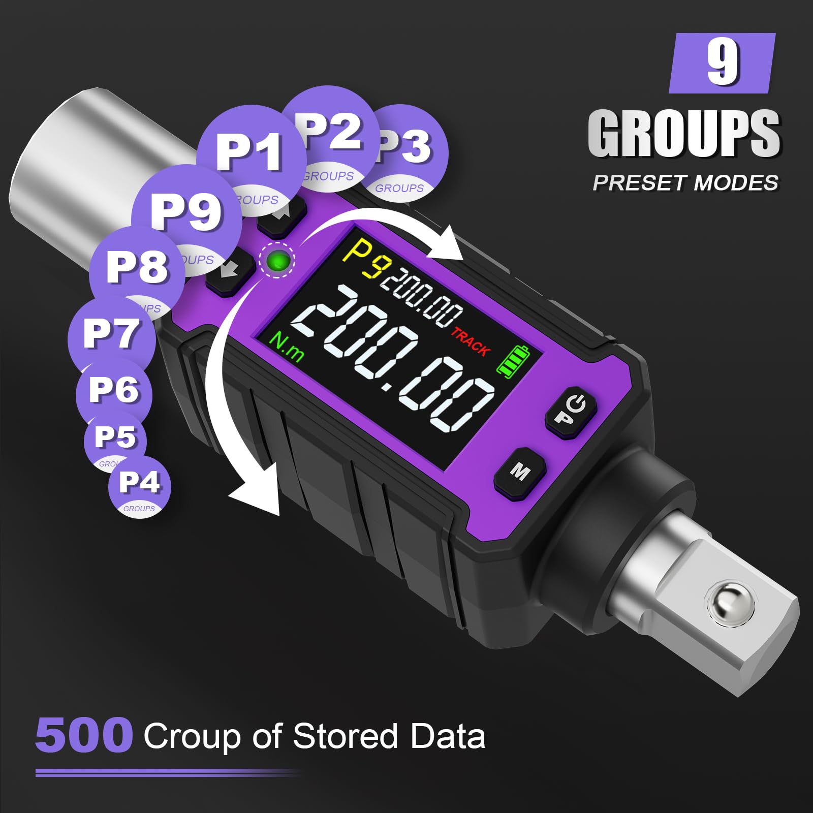 ANPUDS Adaptateur Dynamométrique Numérique 1/2'' 4-200 Nm, Clé Dynamométrique Électronique Ultra-Fine pour Espaces Confinés, Précision ±2%, LED, Alerte Sonore pour Auto, Moto, Vélo