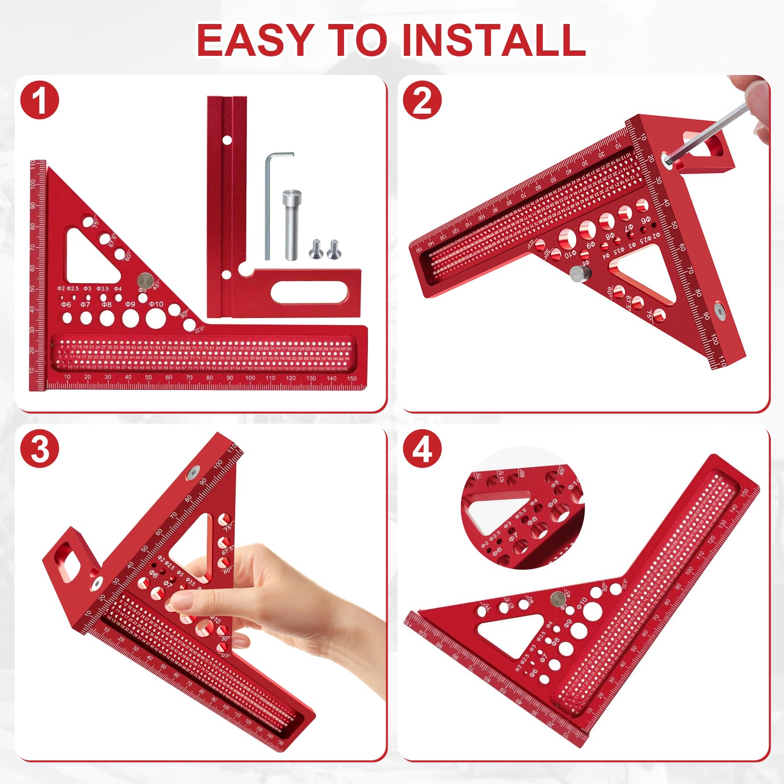 Angolo di inclinazione 3D, angolo di combinazione 22,5 – 90° in lega di alluminio, velocità quadrata ad alta precisione, angolo di falegnameria con 11 fori, intaglio, trapano e strumento di