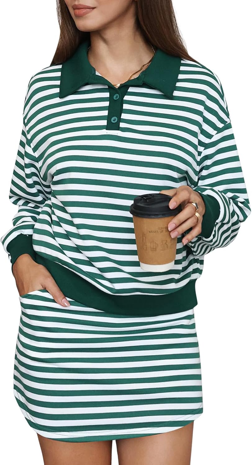 EXLURA Women Fall Two Piece Sets Cotton Striped Set Sweatshirt Matching Skort Skirt Sweatsuits Workout Tracksuit Outfits 2025