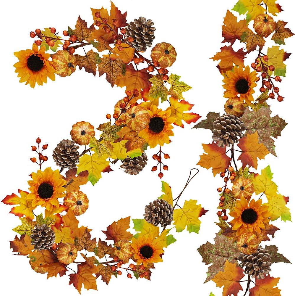 Winlyn 2 Pack Fall Maple Leaf Garland - 6ft/Piece Artificial Berries Sunflower Pumpkin Autumn Garland Decoration for Wedding Party Thanksgiving Dinner Fireplace Door Frame Doorway Backdrop Decor
