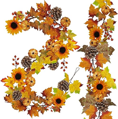 Paquete de 2 guirnaldas de hojas de arce de otoño, 6 pies/pieza, bayas artificiales, girasol, calabaza, decoración de otoño para boda, fiesta,