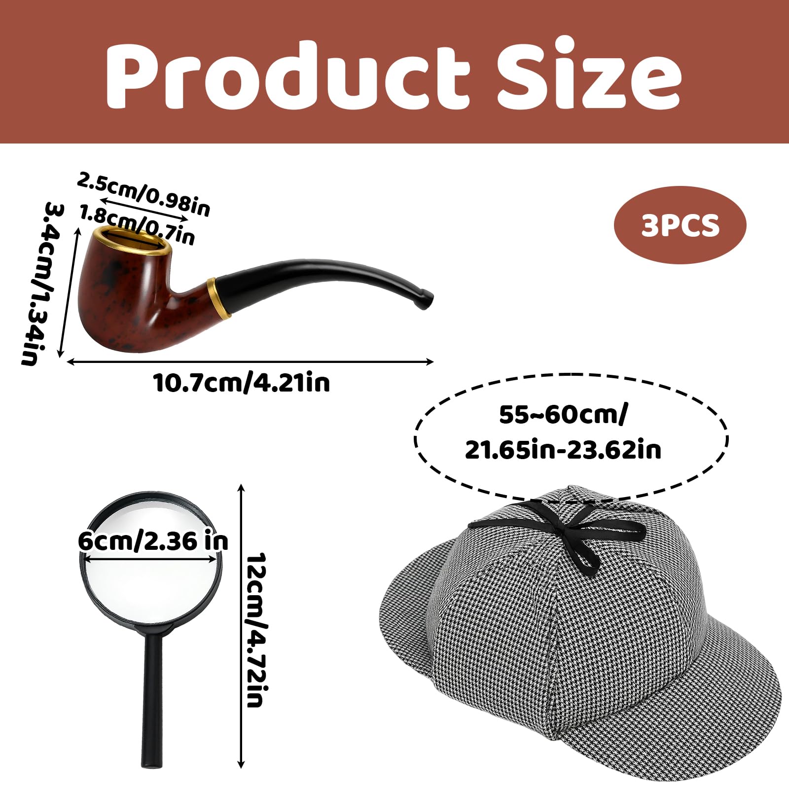 JORcadis 3 Pcs Detective Costume with Deerstalker Hat Fake Pipe and Magnifying Glass, Victorian Detective Accessories Kit - Image 2
