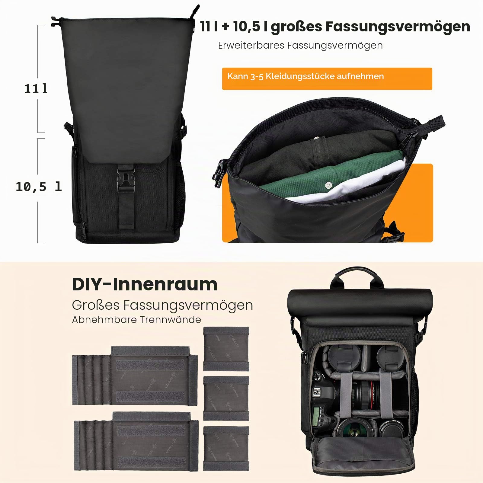 TARION Kamerarucksack Wasserdicht Fotorucksack Kameratasche DSLR Rucksack mit 15,6 Zoll Laptophülle und Regenschutzhülle(SP-01-Schwarz)
