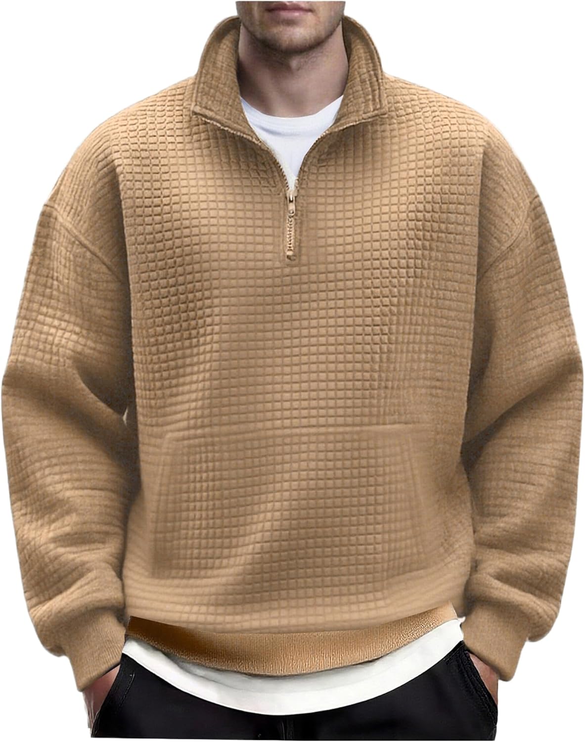 Men's Quarter Zip Sweaters Long Sleeve Zip Up Pullover Waffle Mock Neck Turtleneck Sweatshirts Khaki