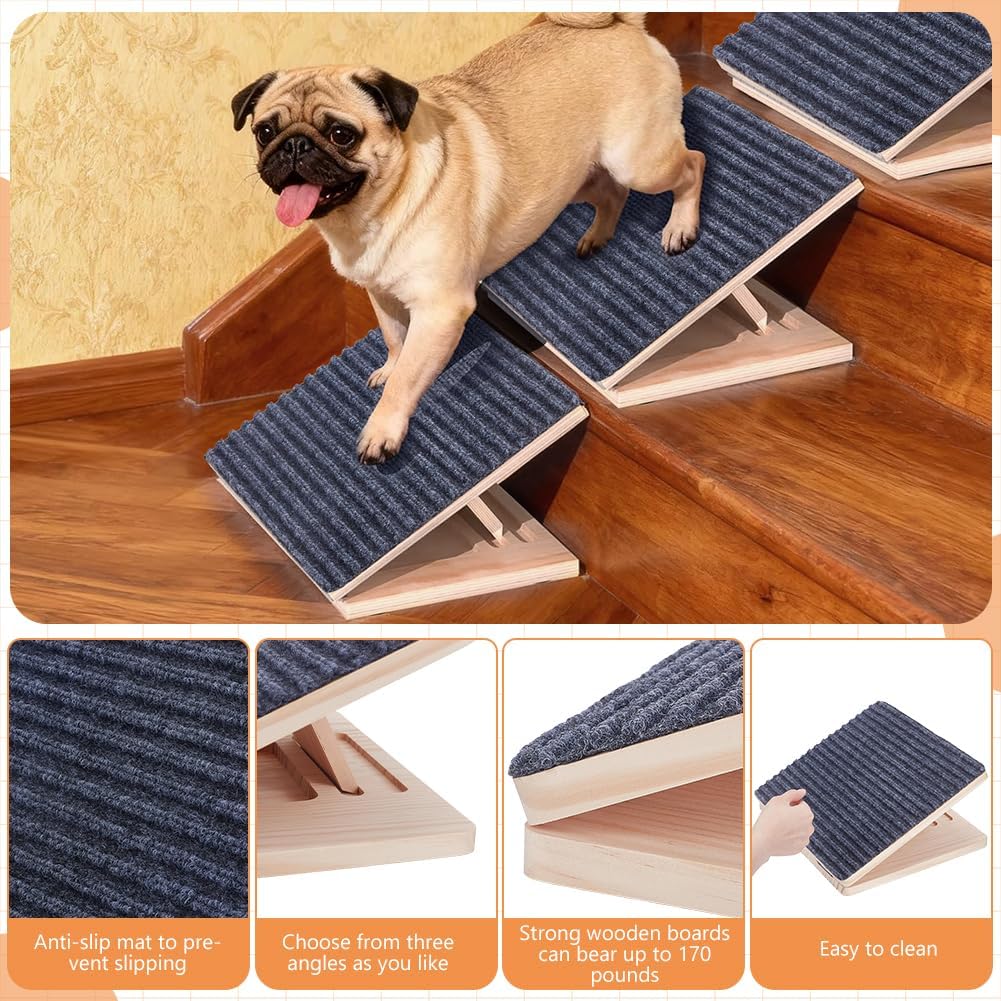 3 Pack Wooden Dog Ramps for Stairs with Carpet Surface, Adjustable Dog Ramp for Small Dogs and Cats, Indoor, Non-Slip Pet Steps Assist for Injured & Aged Pets