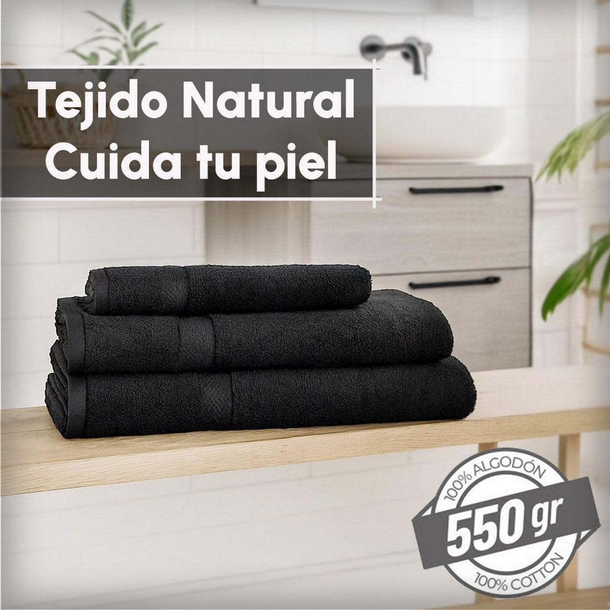 Juego de 6 Toallas de Ducha Grandes Negro 100% algodón Rizo 150x100 cm | Tejido suave de gran gramaje con alta absorción. Aptas para lavadora, de uso diario.