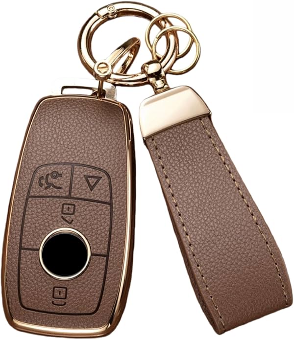 Funda para Llavero para Mercedes Benz C E S GLC CLE EQE EQS AMG | Carcasa de Cuero + TPU Suave para Llave de Mercedes Benz 300 350 450 500 560 580 AMG con Llavero (Marrón - 4 Botones)