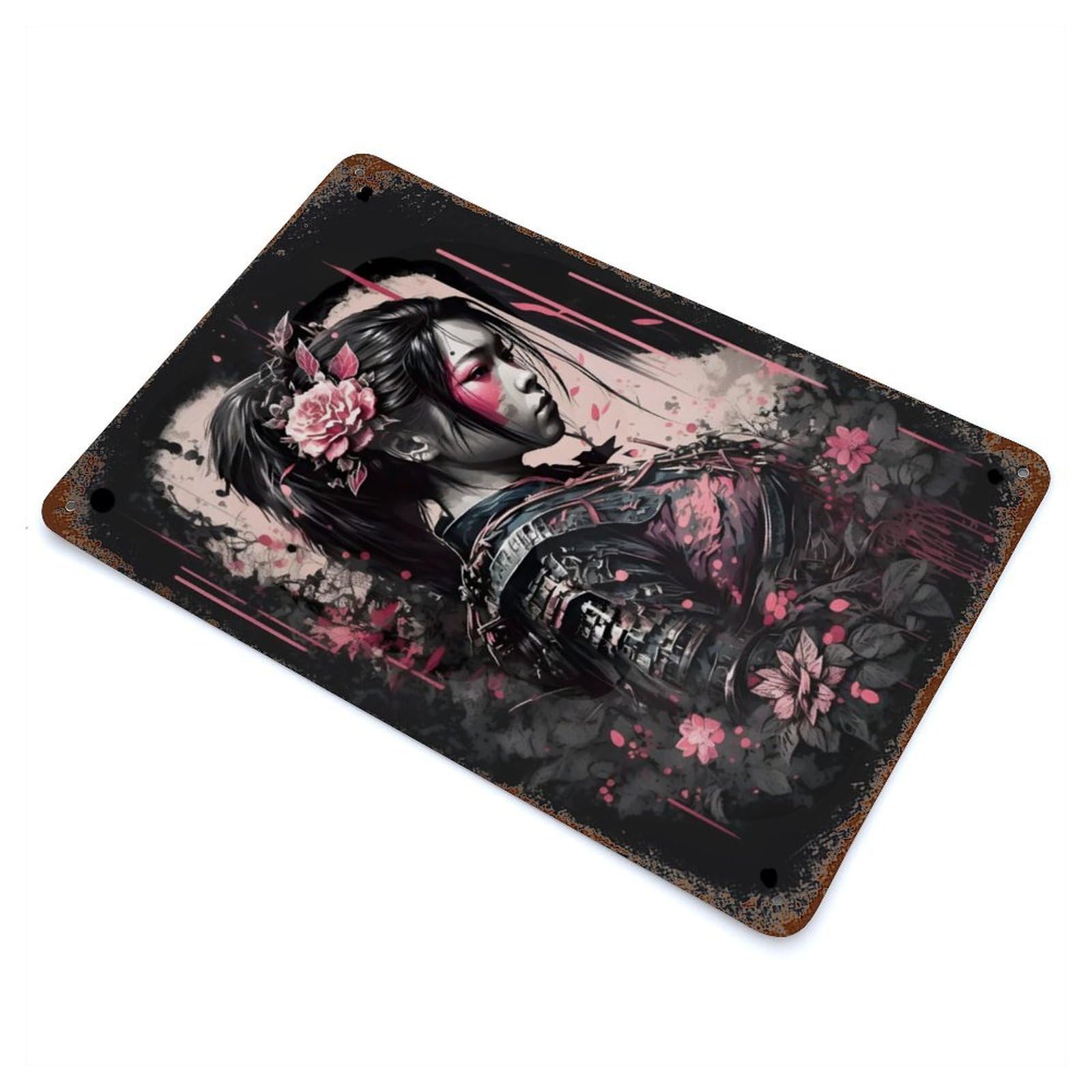 Samuarai Geisha Flowers Rust Effect Tin Sign 11.8"x7.9", Industrial Home Decor for Garage, Bar And Workshop Decor