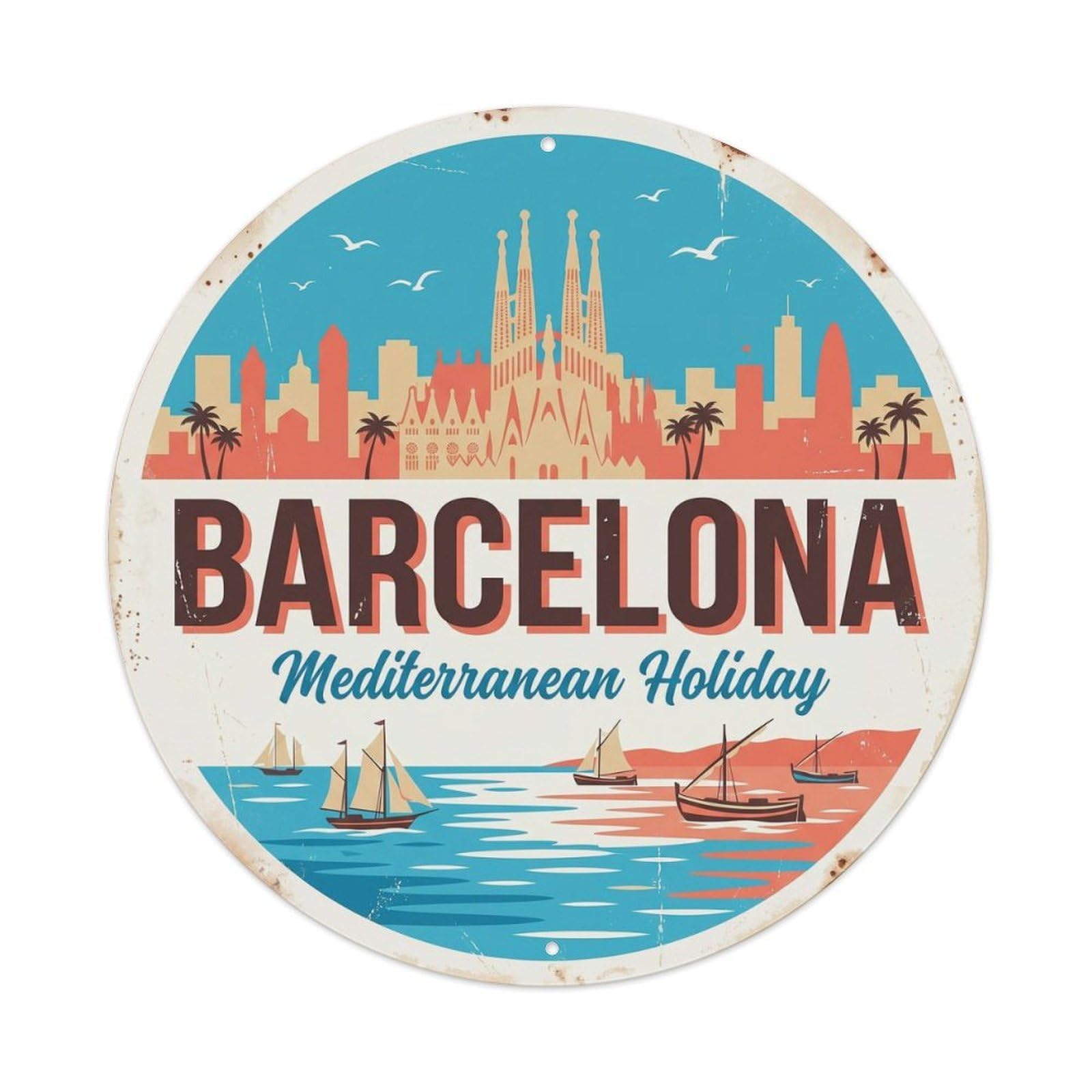 Vintage Travel Barcelona Mediterranean Spain Holiday Metal Tin Sign Plaque Wall Decor for Cafe, Club, Garden Round Metal Poster 8x8Inch
