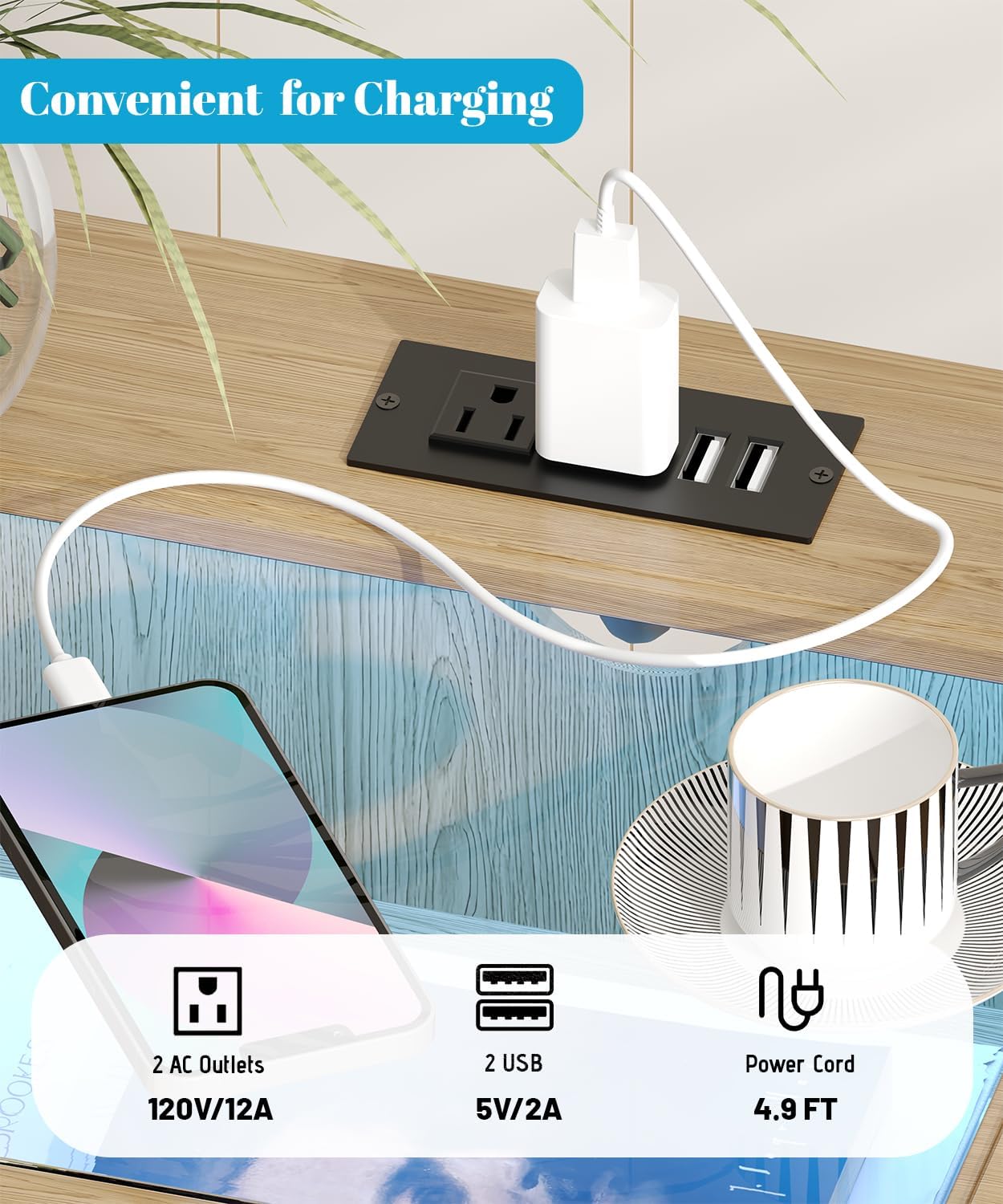 Fluted Nightstand with Charging Station, 15" Wide End Table with Storage Drawers, LED Light & Glass Top, Curved Profile, Wooden Bedside Table for Bedroom, Natural Oak