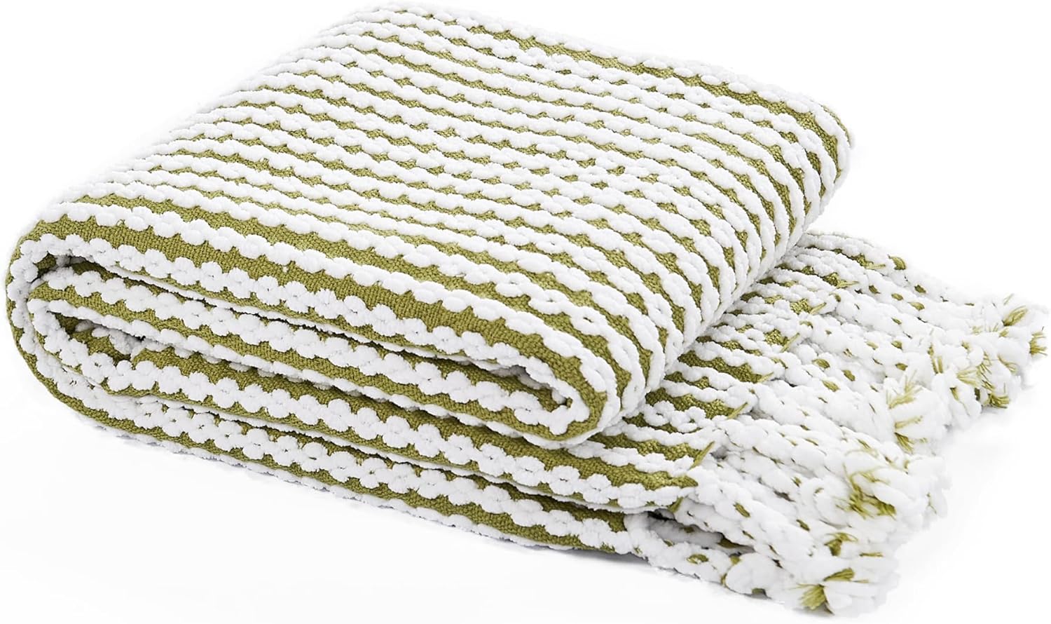 Home Soft Things Textured Chain Tweed Throw Blanket - Silky Soft Microfiber - Modern Farmhouse & Boho Decor for Couch, Bed or Patio - All-Season Breathable Knit with Tassels, 50" x 60", Green Olive