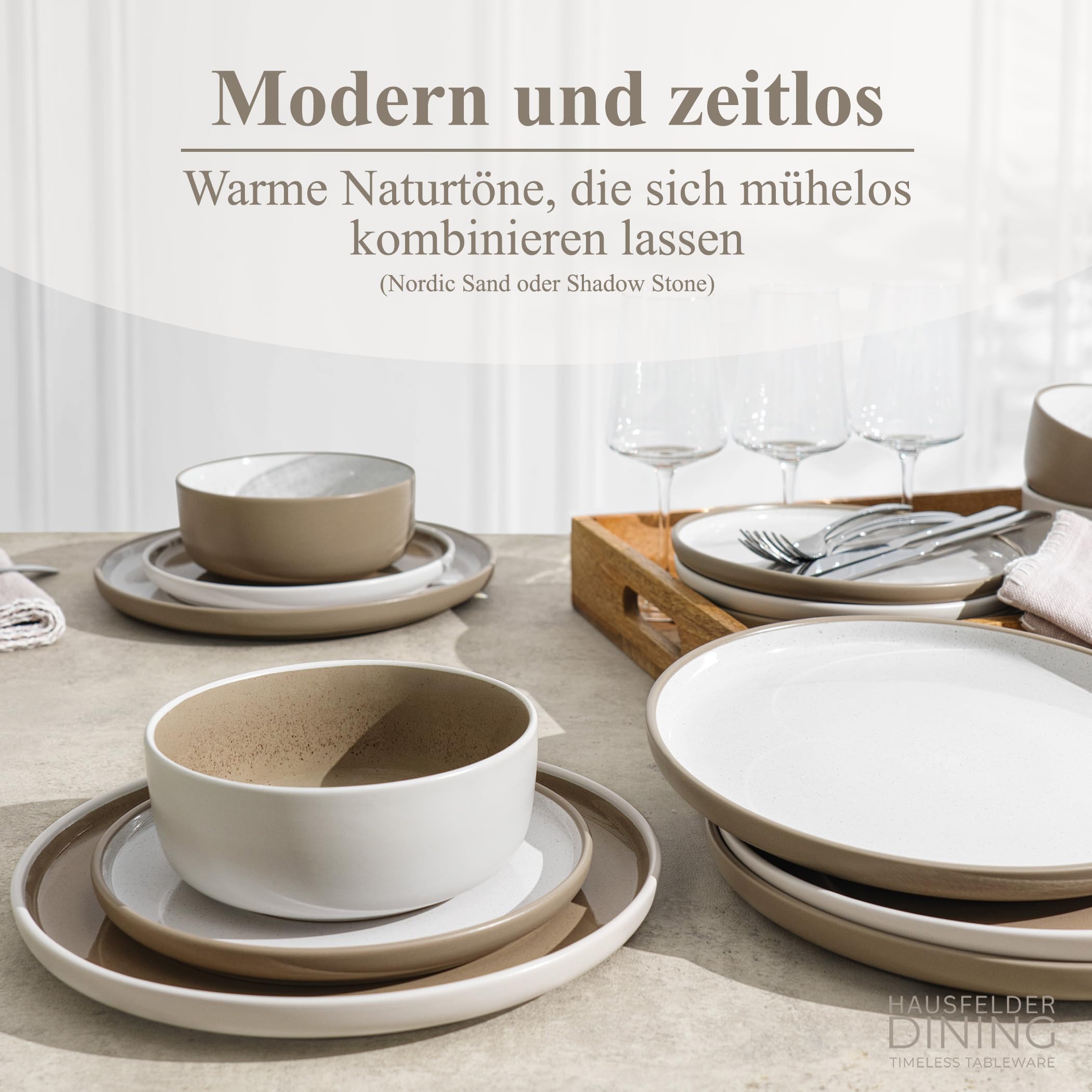 Hausfelder Steingut Geschirrset 8 Personen, 32-teilig, Shadow Stone | Tafelservice mit Tellern, Schalen und Bechern, modern, spülmaschinenfest, Farbe Shadow Stone