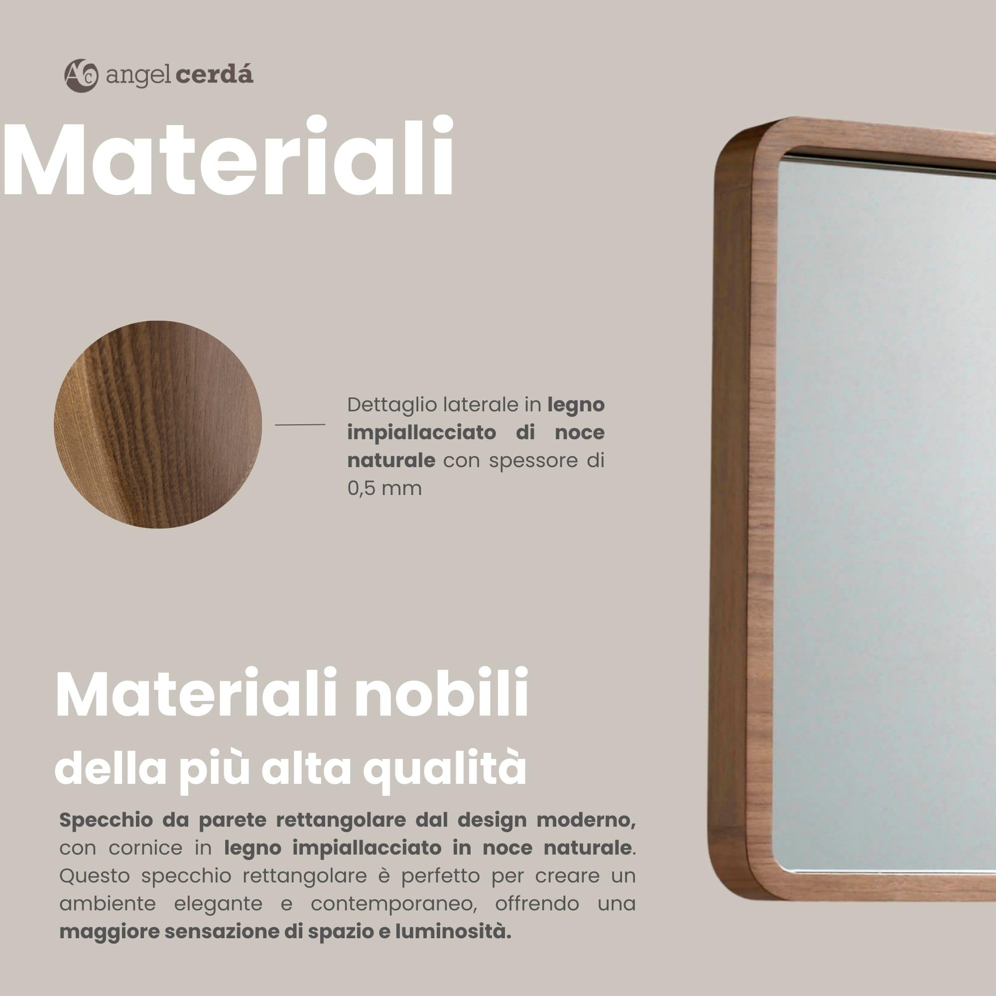 Angel Cerdá – Specchio da Parete Moderna Rettangolare con Cornice in Legno Noce | Grande Specchio di Design per Soggiorno, Camera da Letto o Ingresso | Decorazione Elegante | 100 x 50 x 7 cm