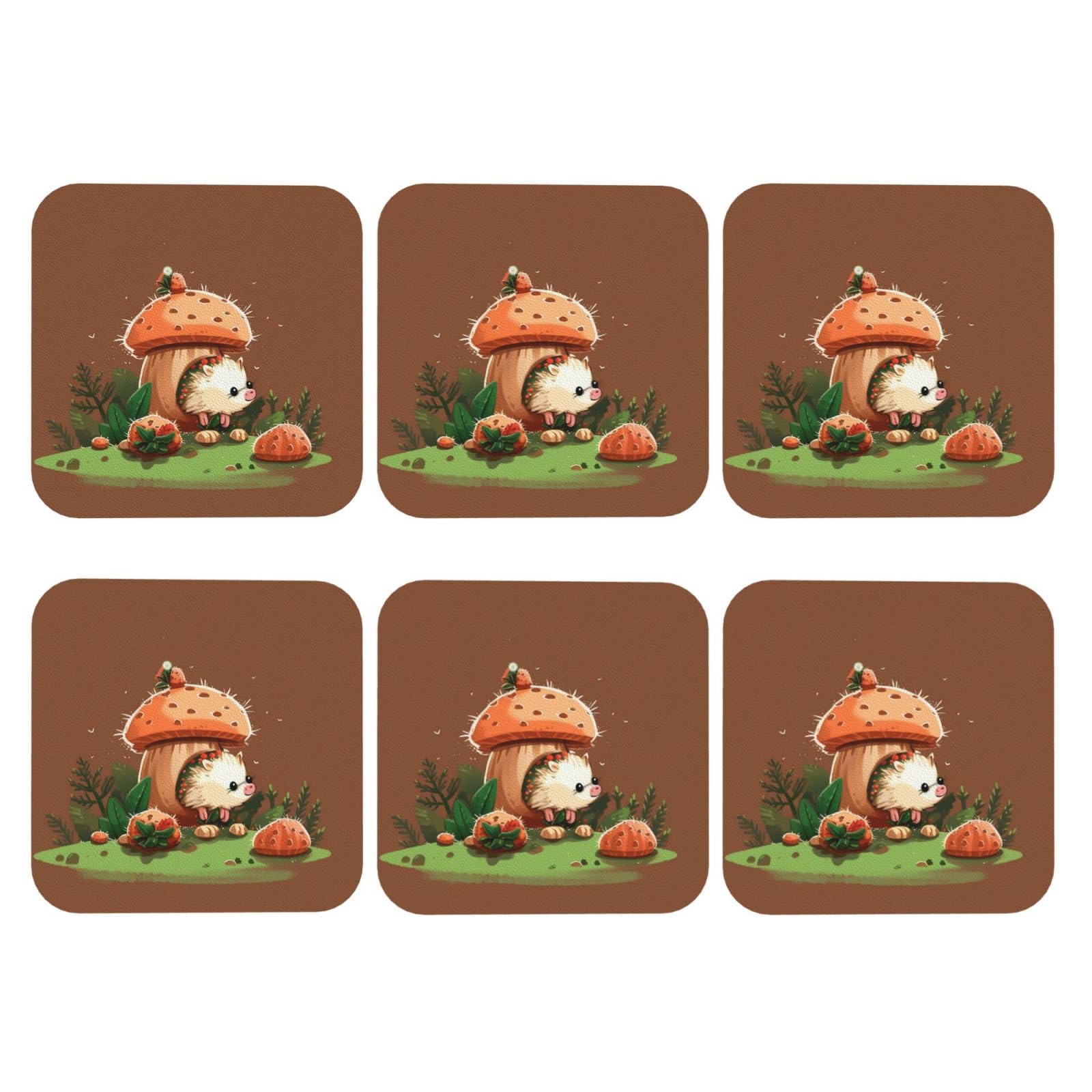 6pcs Leather Coasters for Drinks, Hedgehog and Mushroom Drink Coasters for Tabletop Protection, 4" Cup Coasters for Coffee Table Decor, Non-Slip Drinking Cup Mat for Hot Or Cold Drink