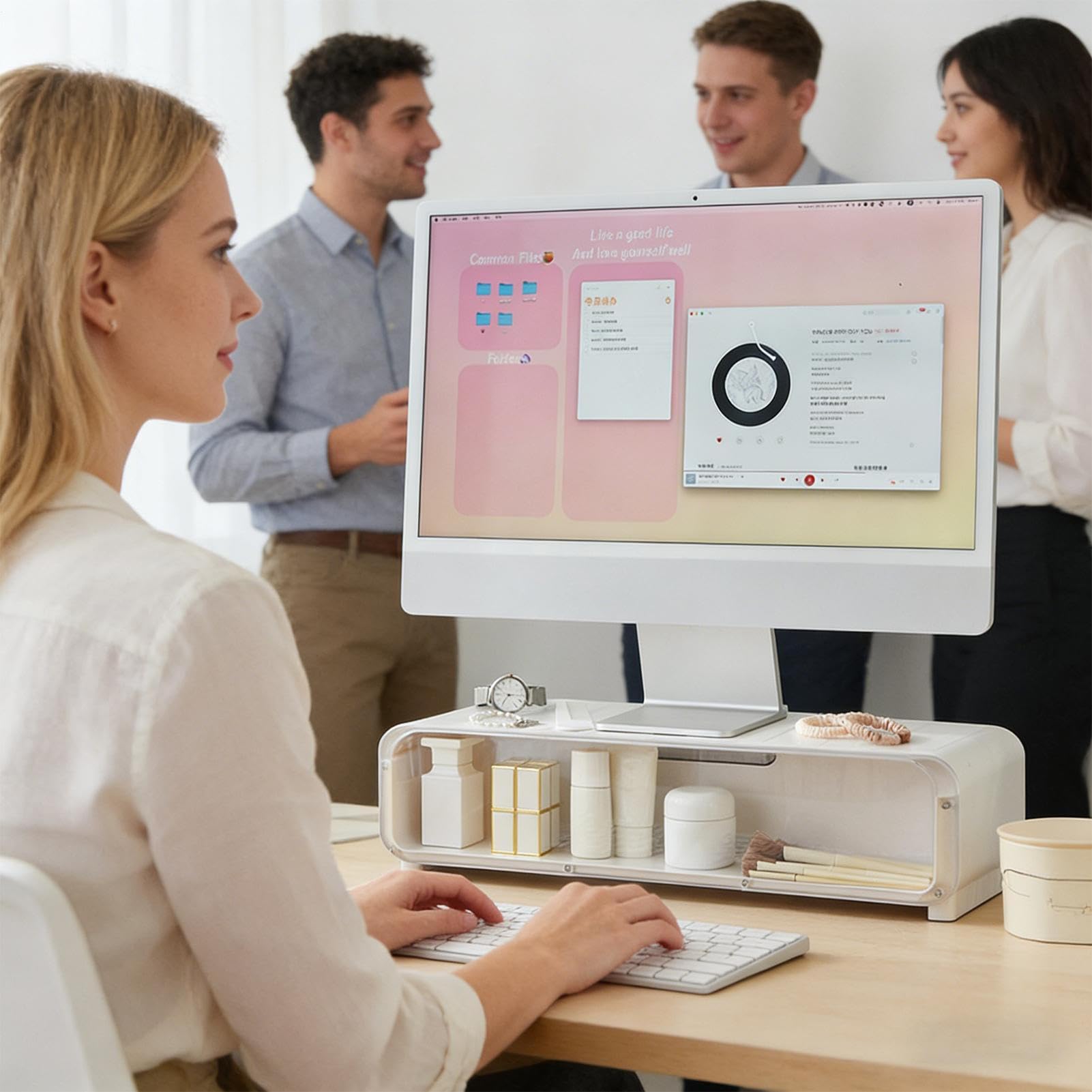 Alzaschermo per Scrivania Bianco Ergonomico Antiscivolo con Sottofondo per | Accessorio per Ufficio Alzaschermo Per Scuola, Postazione Di Lavoro, PC, Stampante E Computer Portatile