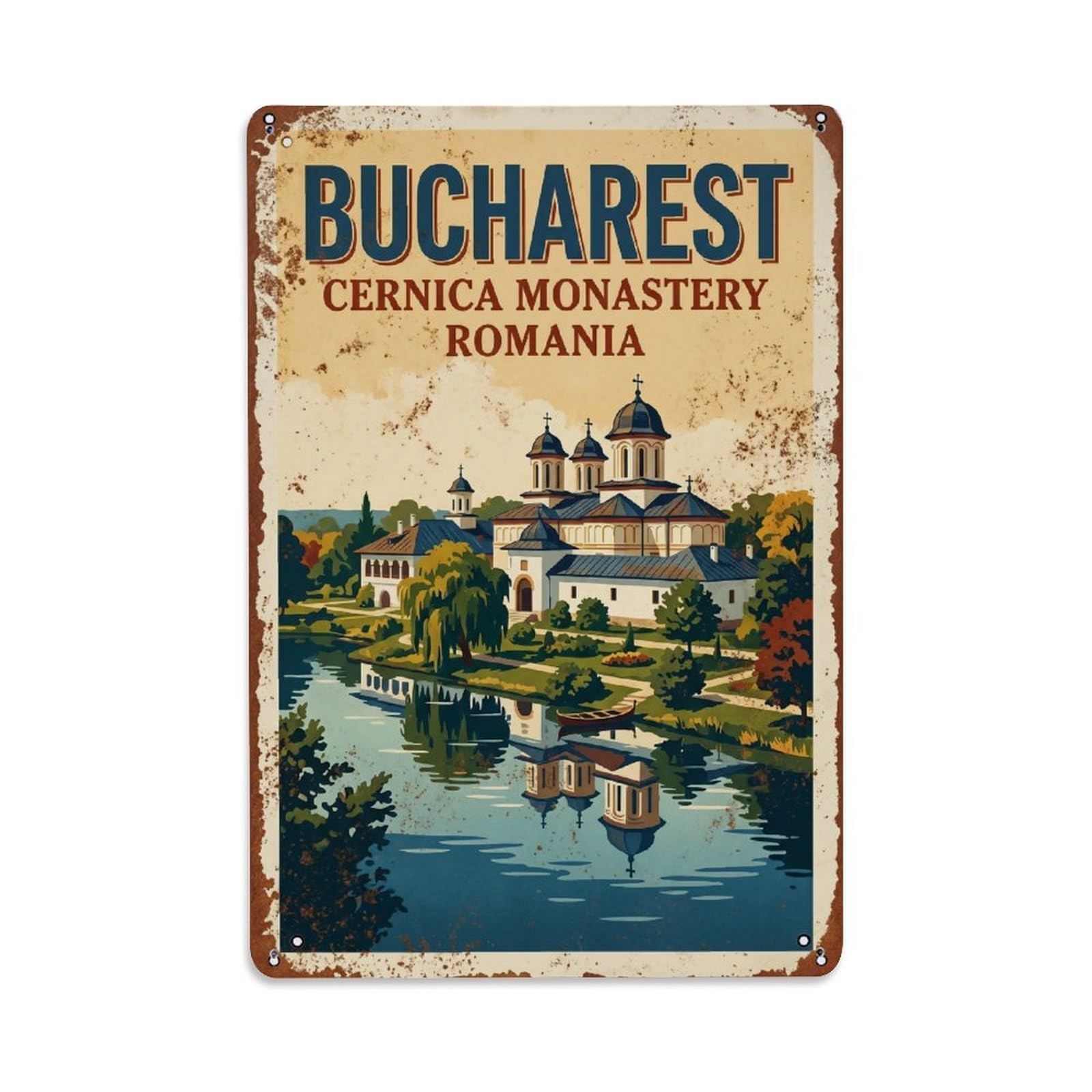 Vintage Travel Bucharest Cernica Monastery Lake Romania Metal Tin Sign Plaque Wall Decor for Cafe, Club Bar, Office, Home Garden Metal Poster 8x12Inch