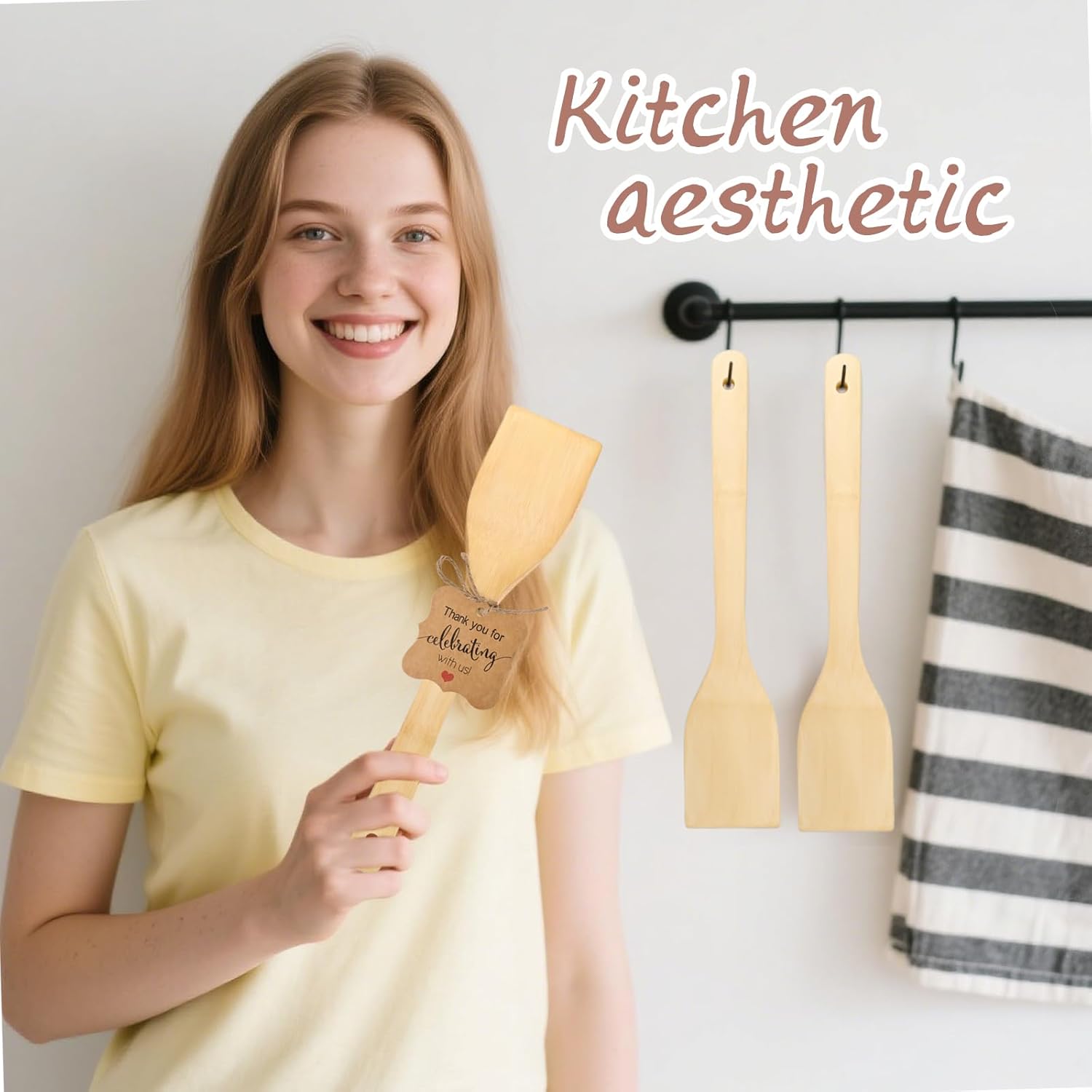 60 Sets Bamboo Spatula with Thank You Cards and Hemp Rope 12 Inch Flat Handle Cooking Wok Spatula for Kitchen Utensils Housewarming Party Birthday Wedding