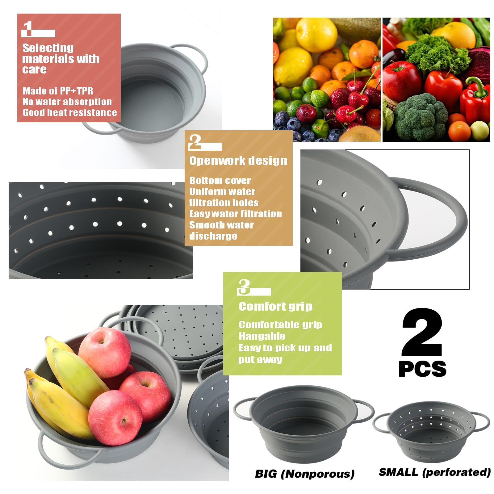 Juego de colador plegable de silicona, colador de alimentos de 8 pulgadas y cuenco de mezcla de 9 pulgadas, cuenco multifunción para cocinar y lavar – Fácil de limpiar, sin BPA, juego de utensilios de