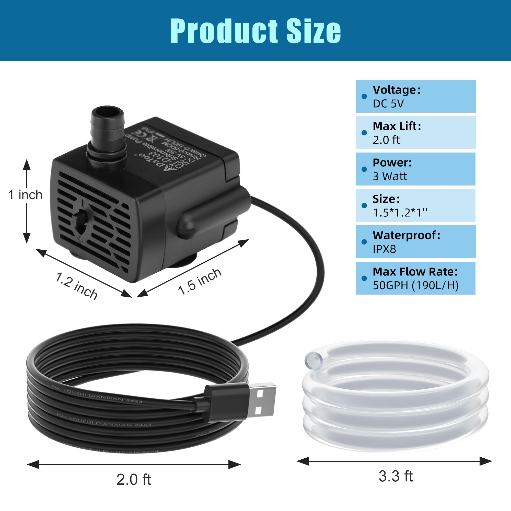 DaToo DC 5V USB Pompa Acqua Per Acquario 3W Mini Pompa Acqua Sommergibile Con Tubo E Funzione di Regolazione Del Flusso Piccola Pompa Fontana Per Pet Fontana Acquario Idroponica Fontana Desktop