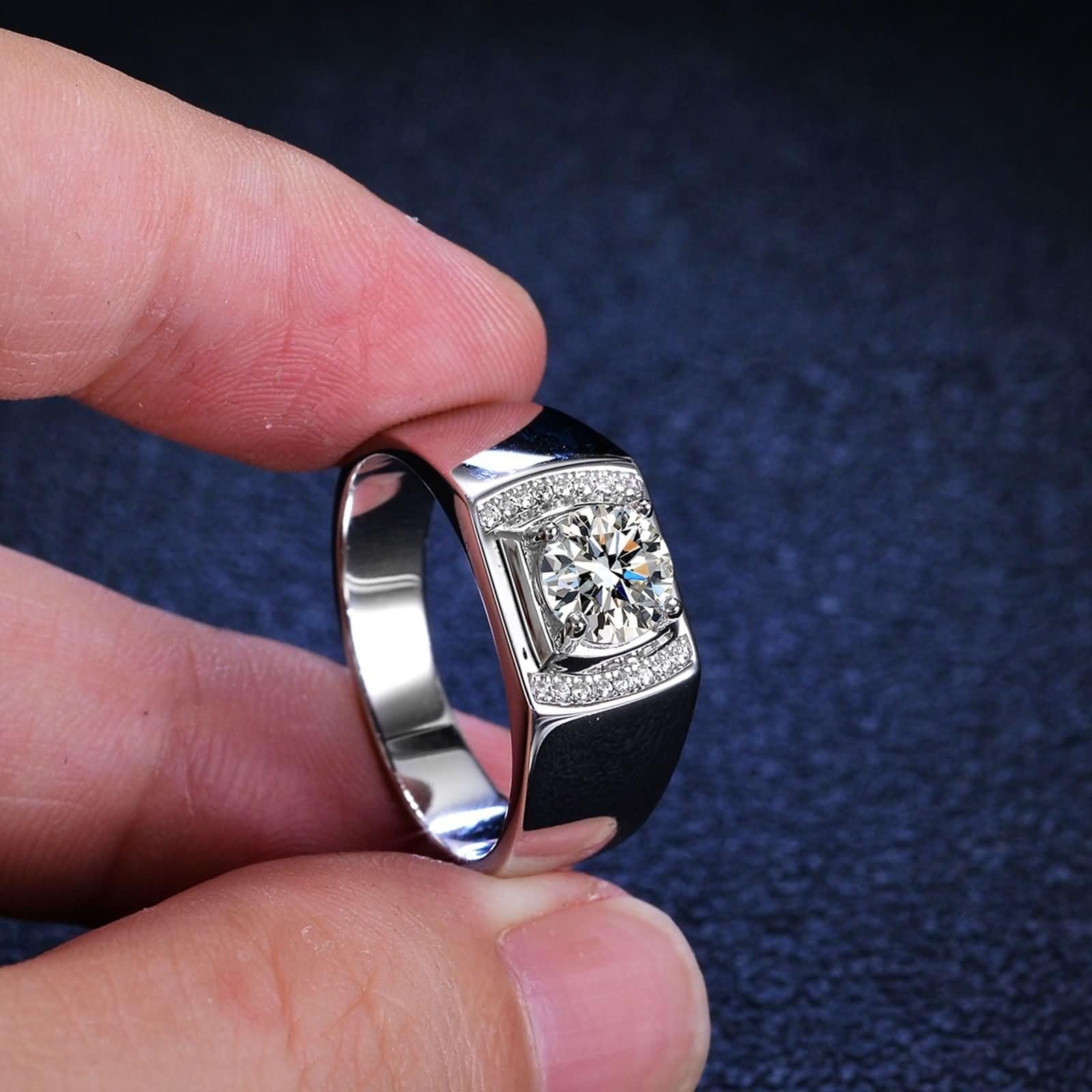 Anillo de plata para hombre, conjunto de alianzas de boda con 4 garras y moissanita de 1 quilate, plata de ley 9 K, oro blanco de 9 quilates, talla 56 (17,8)