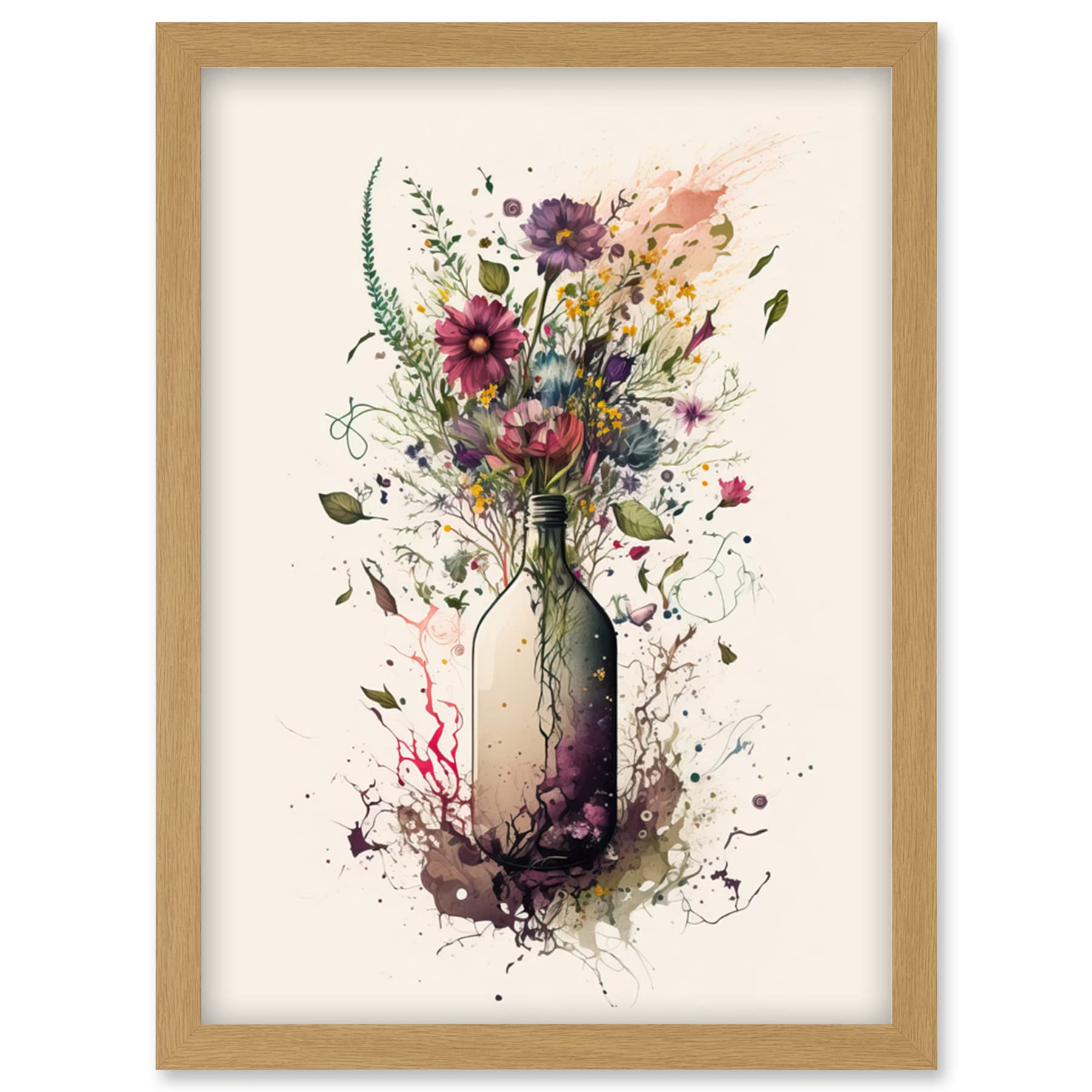 Artery8 Spring Wildflower Floral Bouquet in a Wine Bottle Artwork Framed Wall Art Print A4