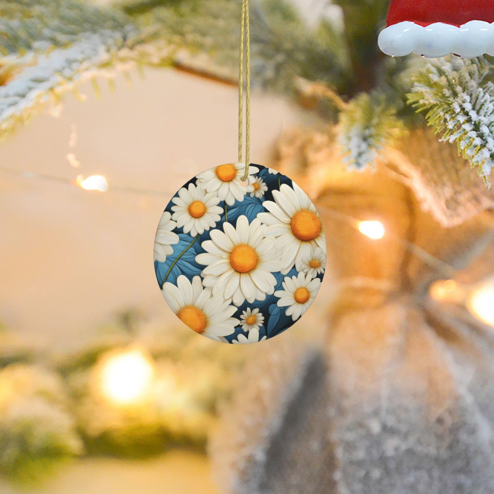 Christmas Ornaments for Christmas Tree Decoration Ceramic Hanging Daisy Ornament with Gold Ribbon Crafts Round Pendant for Keepsake Gifts Glass Xmas Decor Party Supplies