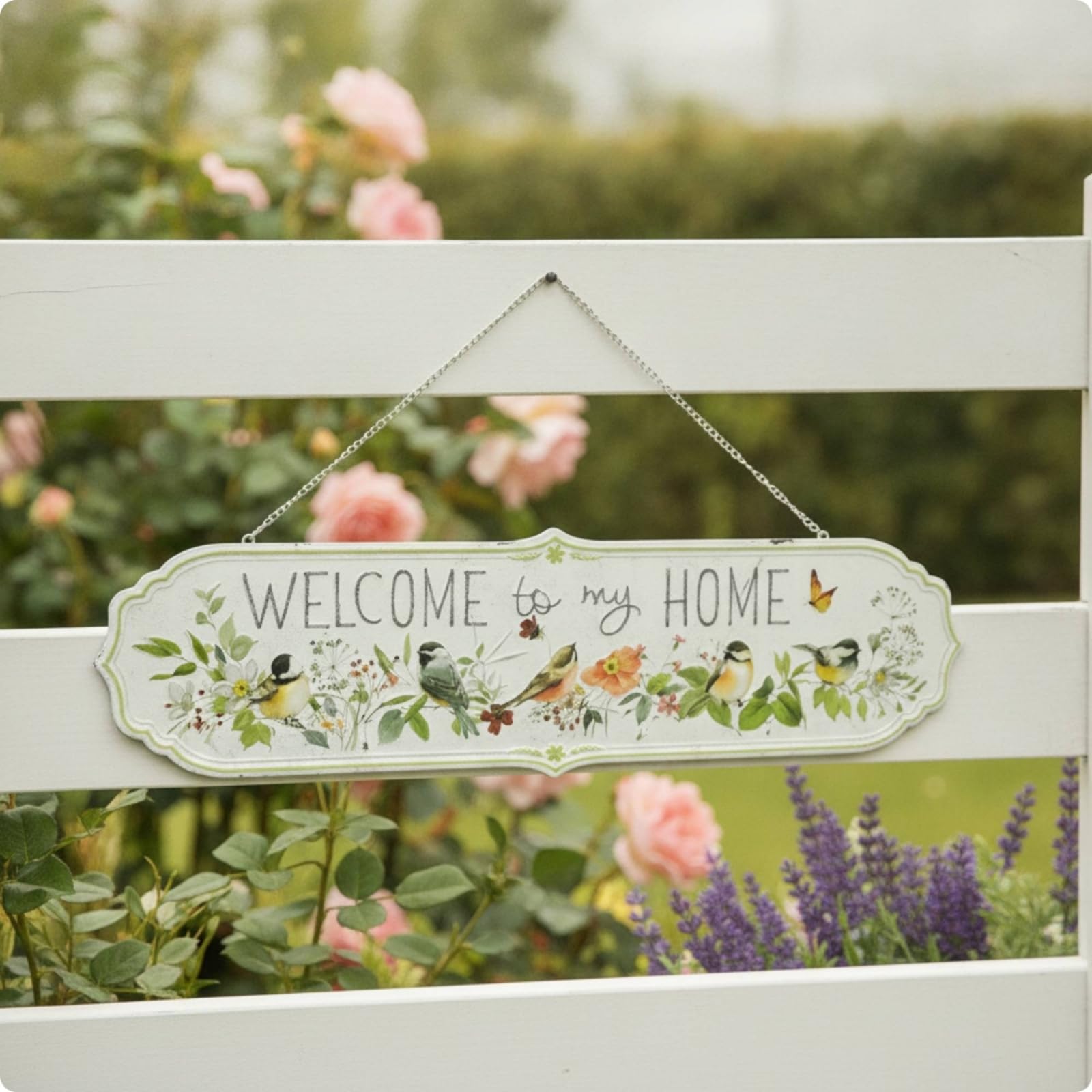 Placa de Bienvenida Exterior Placa Colgante Letrero Cartel Metal con Estilo Vintage y Plantas Adecuada para Puerta Pared, 80 21cm, Pájaros, Grande, "WELCOME To My HOME"