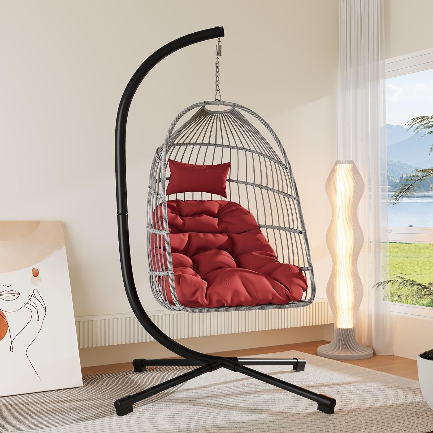 Egg Chair with Stand Outdoor Foldable Patio Wicker Hanging Swing Chairs for Bedroom Balcony with Cushions 350Lbs Indoor Lounge Basket All Weather Hammock Swinging Chair, Cream