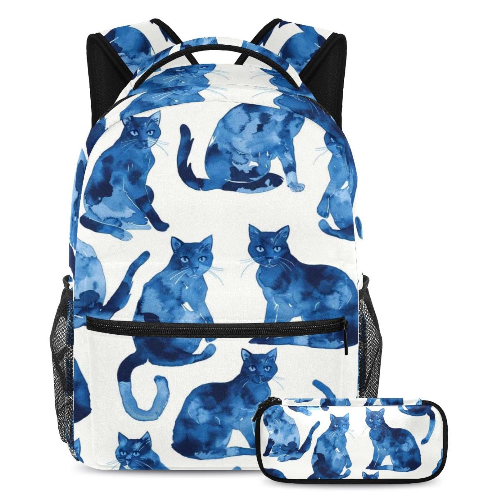 Sac d'école avec trousse à crayons chat bleu grande capacité - 7