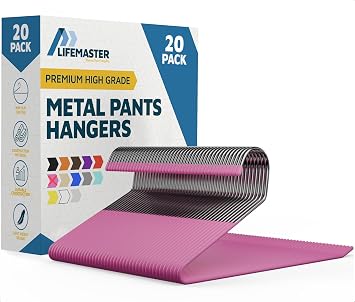 Lifemaster Metal Pants Hanger Set - 20 Pieces Elegant Non-Slip Closet Space Saving Hanger Set for Pants, Trouser, Blankets, and Jeans with Open Ended Sleek Design - Pink