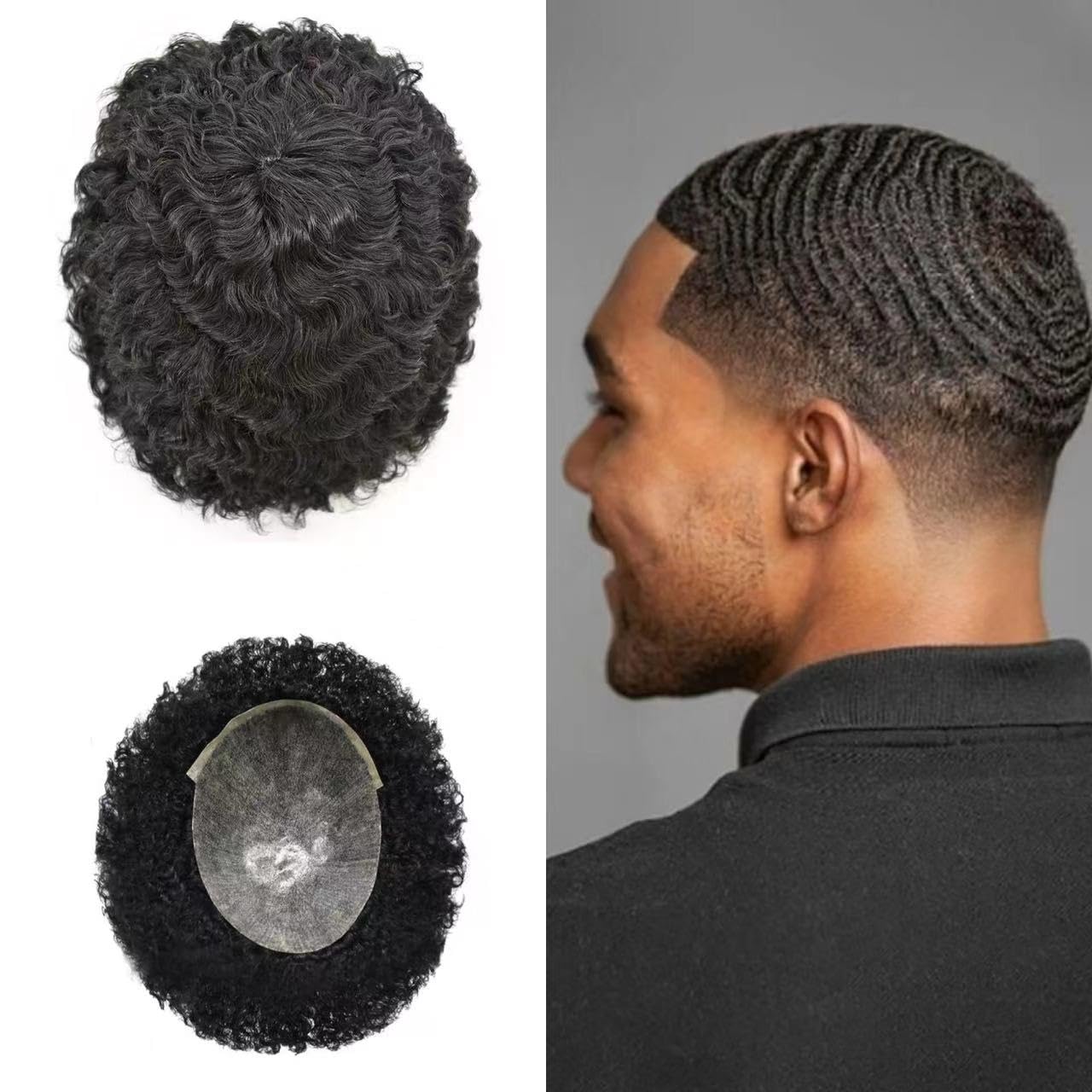 Afro Toupee for Black Men Full Poly Skin PU Injection Human Hair Units for Black Men Wave African American Hair Piece Curl Men Replacement System (8"x10", 1B# Off Black-6MM Wave)