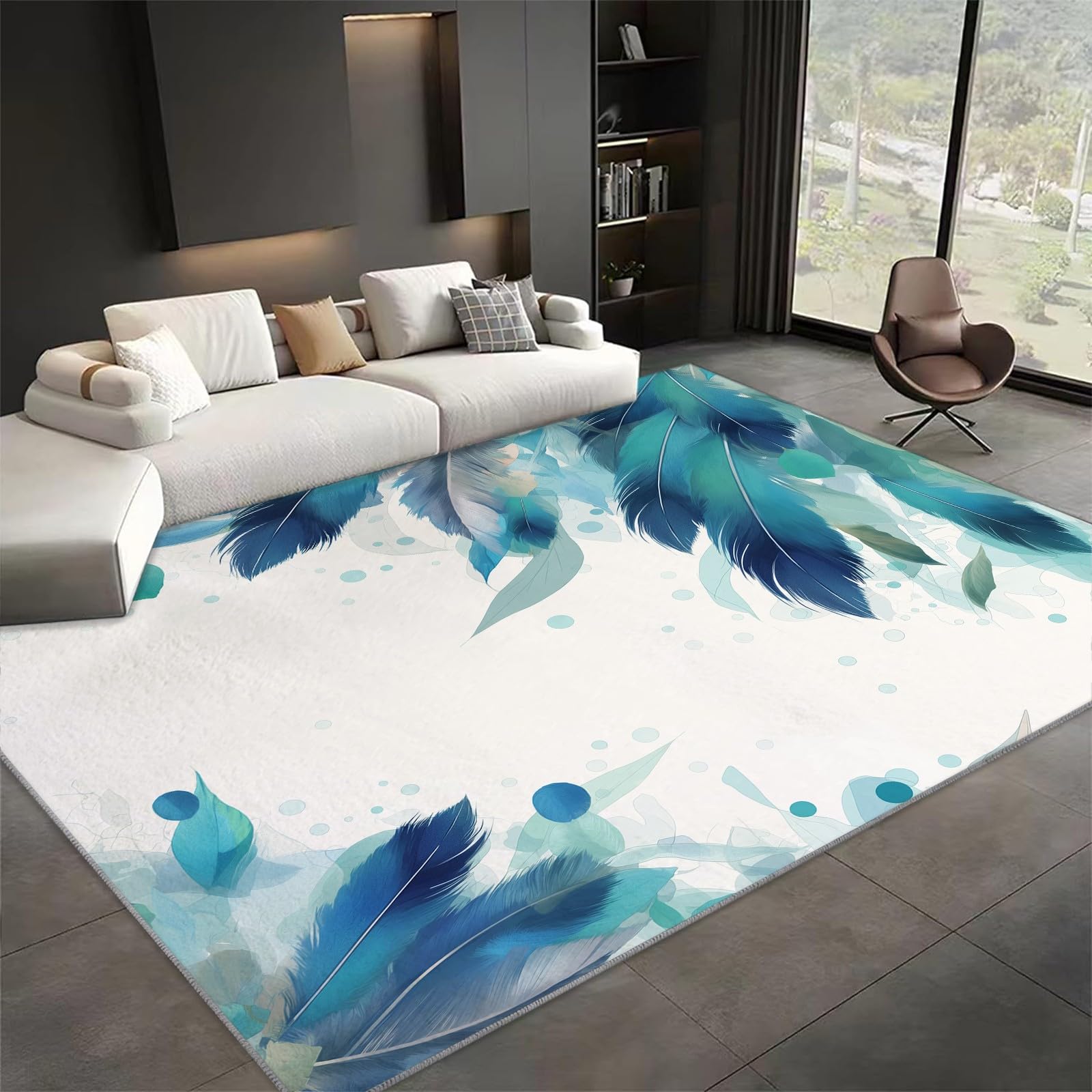 Tapis de chambre et cuisine plume cyan 120x180cm lavable pour créer un espace cosy