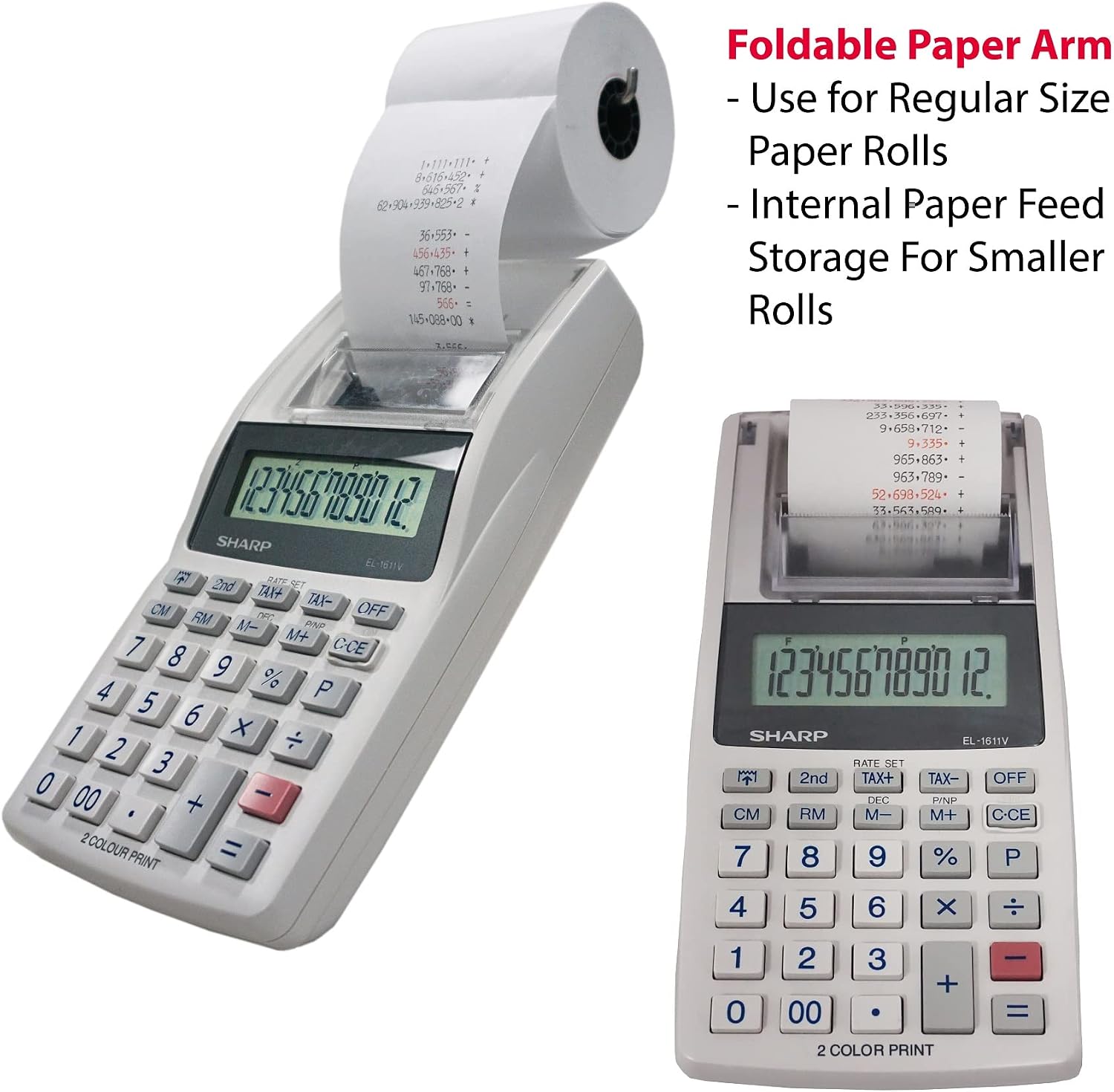 Sharp EL-1611V Handheld Portable Cordless 12 Digit Large LCD Display Two-Color Printing Calculator with Tax Functions, 191 x 99 x 42 mm