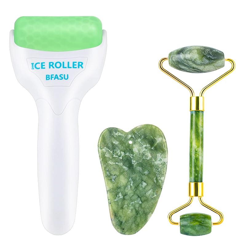 Kit de cuidados faciais BFASU com 3 ferramentas: rolo de gelo, rolo de jade de duas extremidades e pedra Gua Sha, verde
