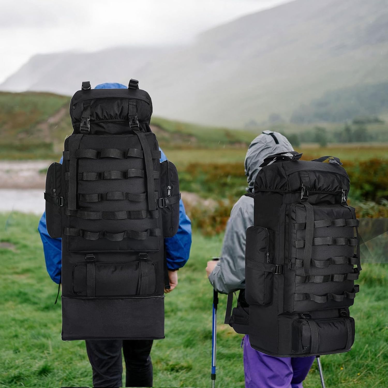 70L/100L Camping Hiking Backpack with Rain Cover, Expandable Large Military Tactical Backpack, Waterproof Molle Racksack Travel Backpacking Daypack for Climbing Trekking (Black) - Image 6