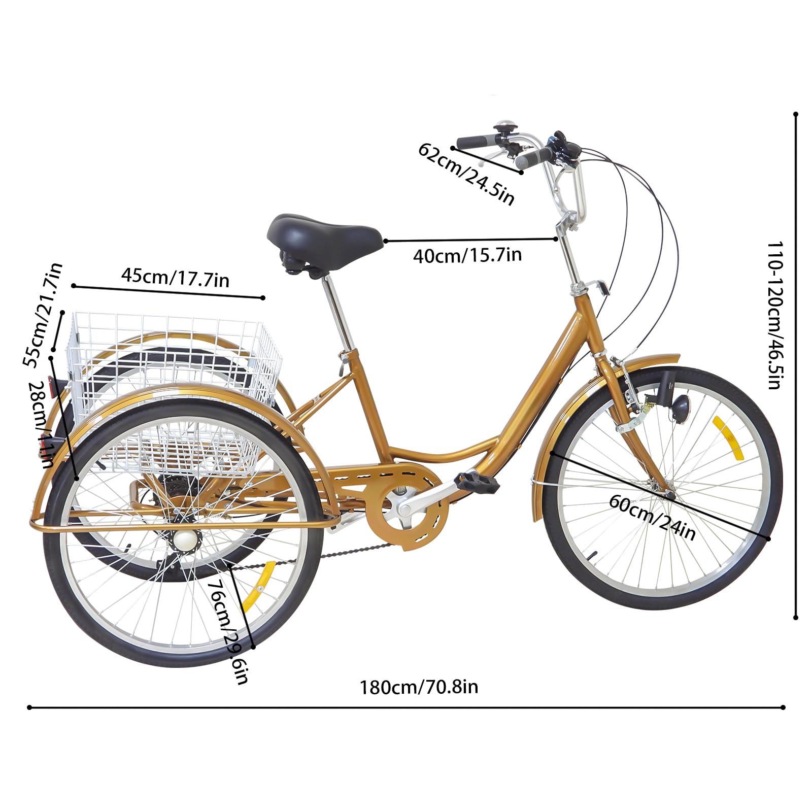 Tricycle de 24 pouces pour adultes, 6 vitesses avec lumière et panier à provisions, tricycle pour adultes seniors, croisière, pour les loisirs, le shopping, les pique-niques, les voyages