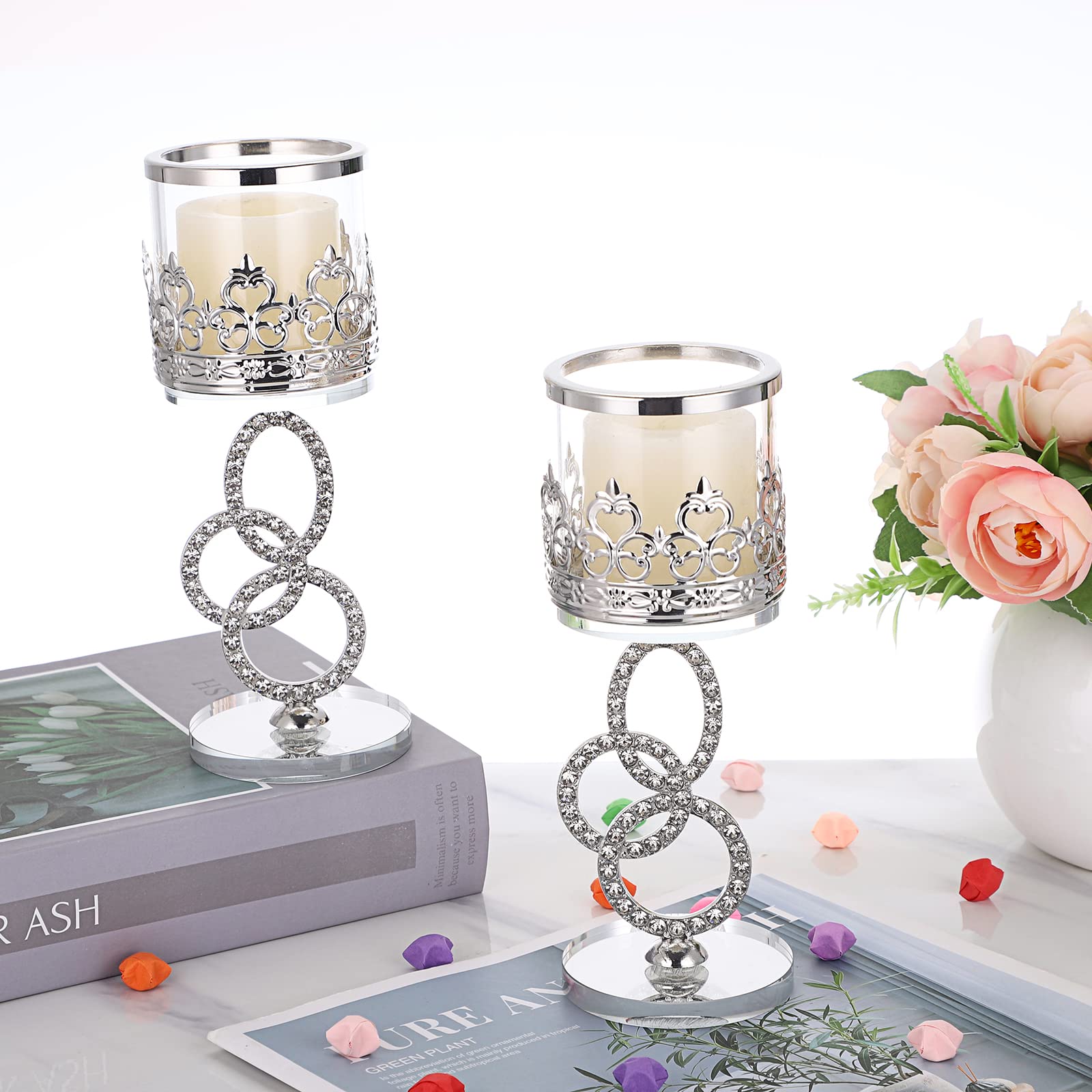 Kristallglas Teelicht Votivkerzenhalter 2er Set Dekorative Klarglas Aromatherapie Kerzenhalter für Hochzeit Geburtstag Weihnachten Halloween Party 18cm Silber