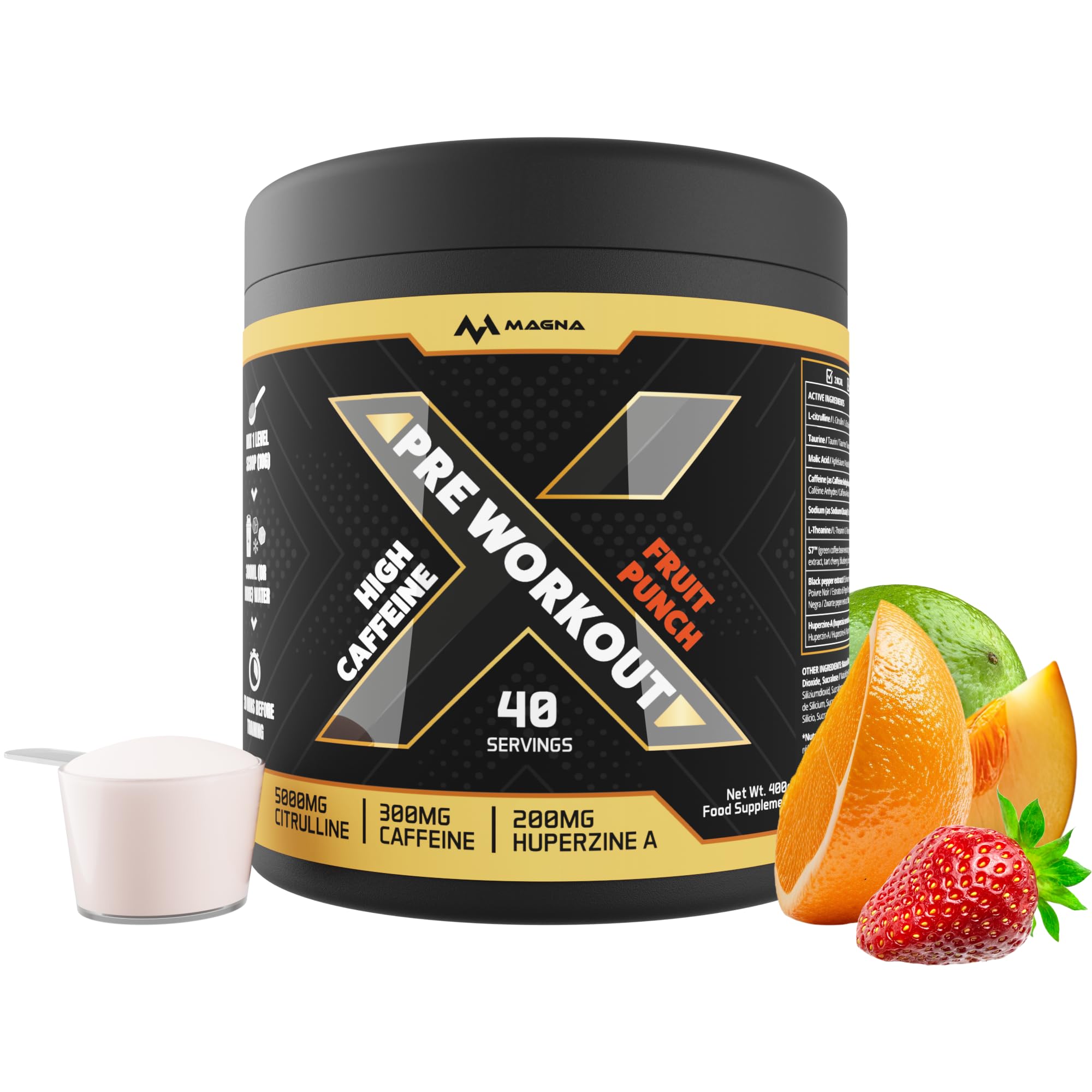 X All-in-One Pre Workout Powder Drink with Caffeine & Citrulline | Fruit Punch Flavour | Makes 40 Drinks (400g)