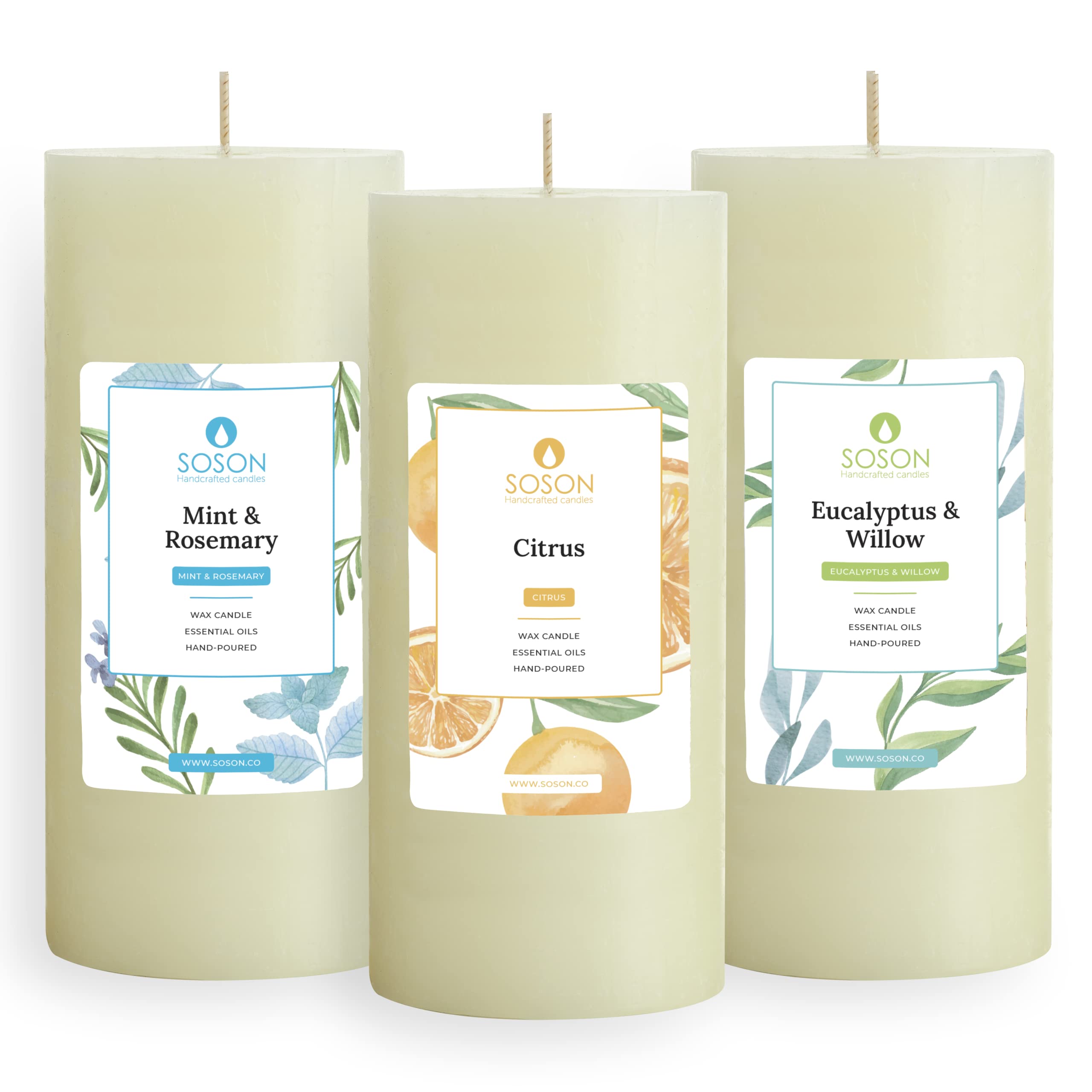 Simply SosonCitrus Rosemary and Eucalyptus Willow Scented Candle for Home - Set of 3-3x6 Ivory Pillar Candle - Scented Candle Gift, Aromatherapy Candle, Candles for Home Scented, Candles for women
