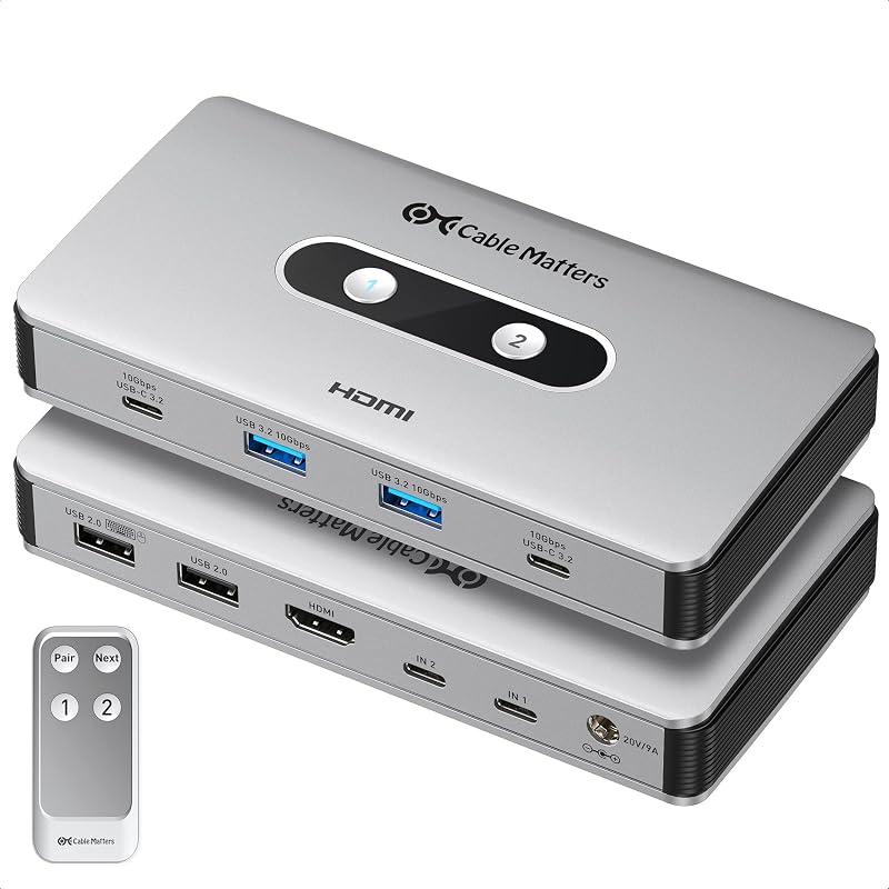 USB C KVM Switch for 2 laptops, HDMI, USB Hub, Dual Charging | 4K@60Hz HDMI, Thunderbolt 5/4 Laptop Compatible, 100W Charging, RF Remote Control, 10Gbps USB-A and USB-C Ports, 180W Adapter