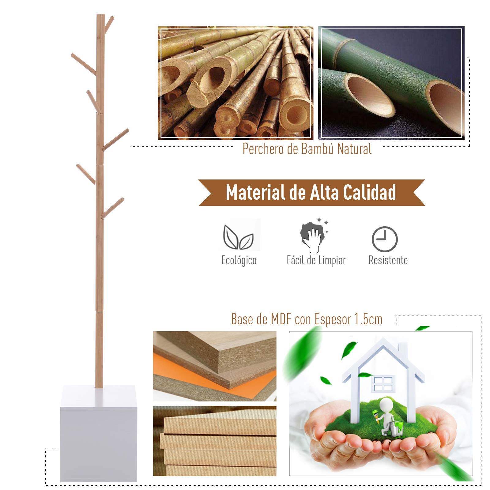 HOMCOM Perchero de Pie Zapatero Tipo Árbol Moderno 6 Ganchos 40x30x180cm | Colgador, para Colgar Ropa Bolsa, Banco con Almacenamiento, Pasillo Entrada, Bambú y MDF