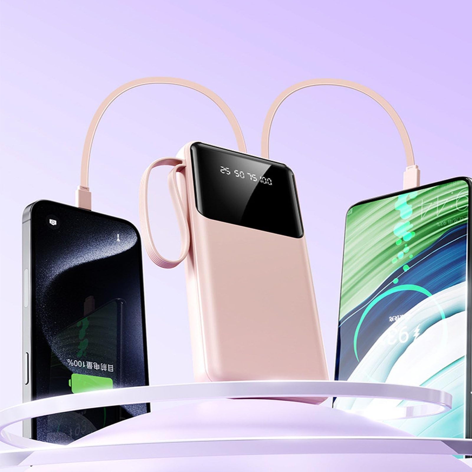 Caricabatterie Portatile Power Bank 20000Mah Display Power Bank, Ricarica Rapida, Power Bank per Ricarica Rapida del Telefono Cellulare, Alimentatore Mobile A 4 Fili,Rosa